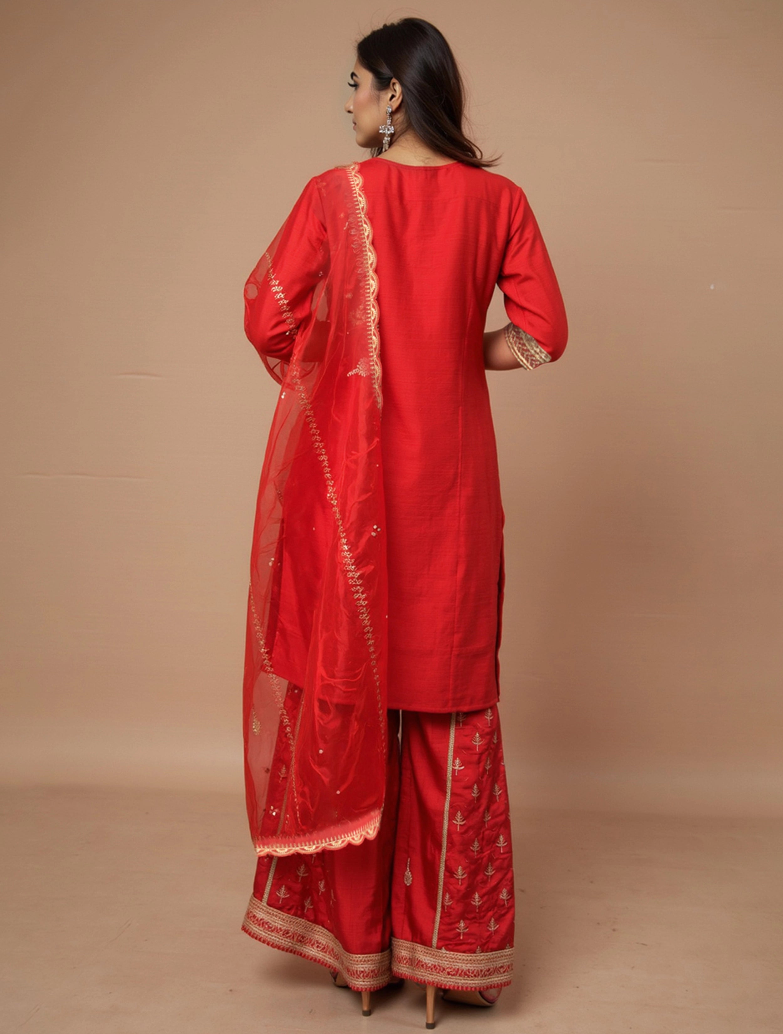 trueBrowns Red All Over Embroidered Straight Kurta With Palazzo Dupatta Set