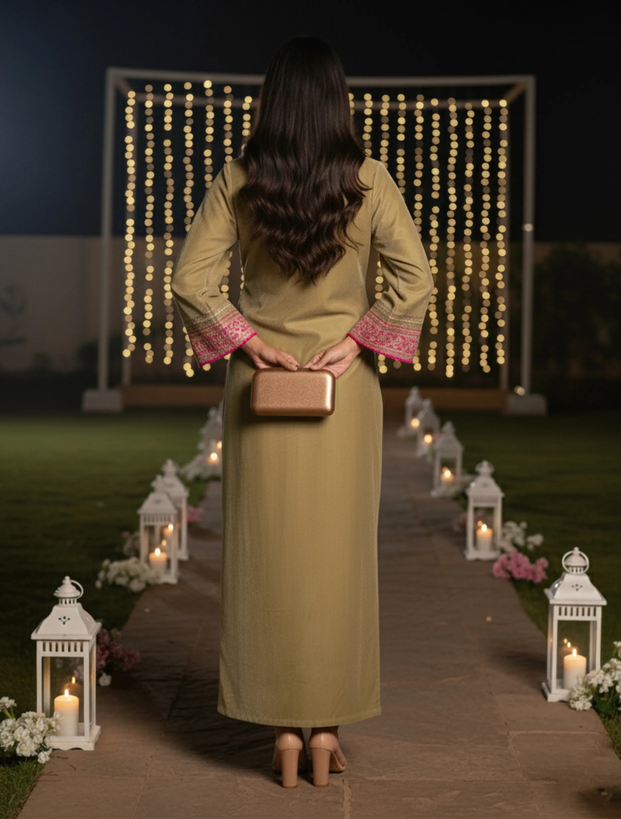 trueBrowns Green Bell Sleeves Velvet Dress