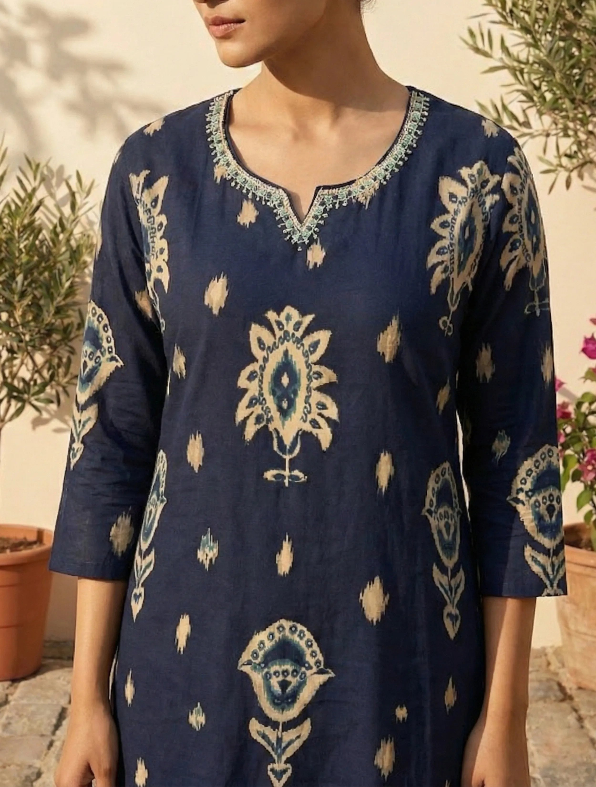trueBrowns Blue Print Embroidered Round With V-Neck Kurta Pant Dupatta Set