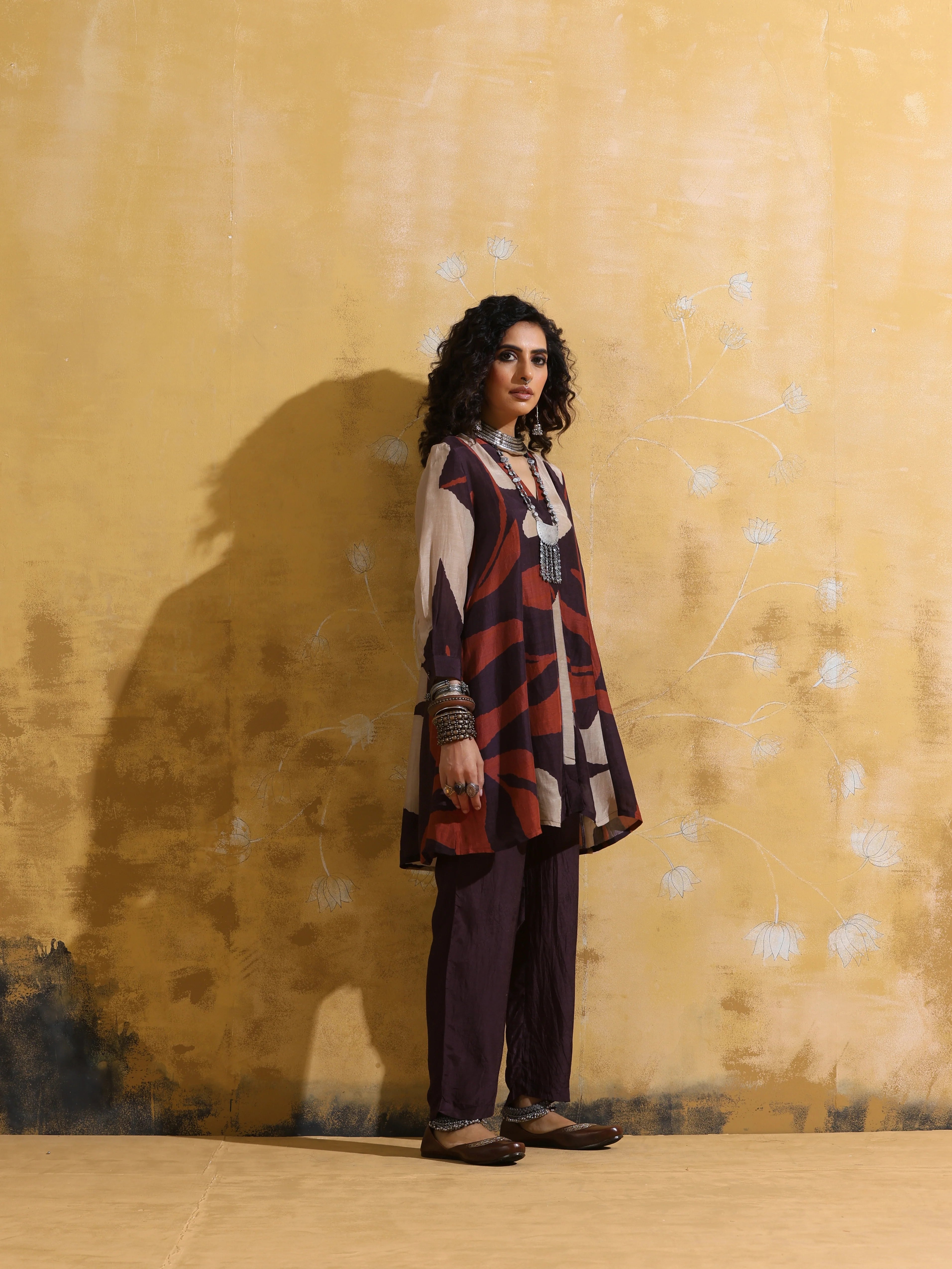 trueBrowns Cola Rust Red Floral Print Muslin Silk A-Line Co-ord Set