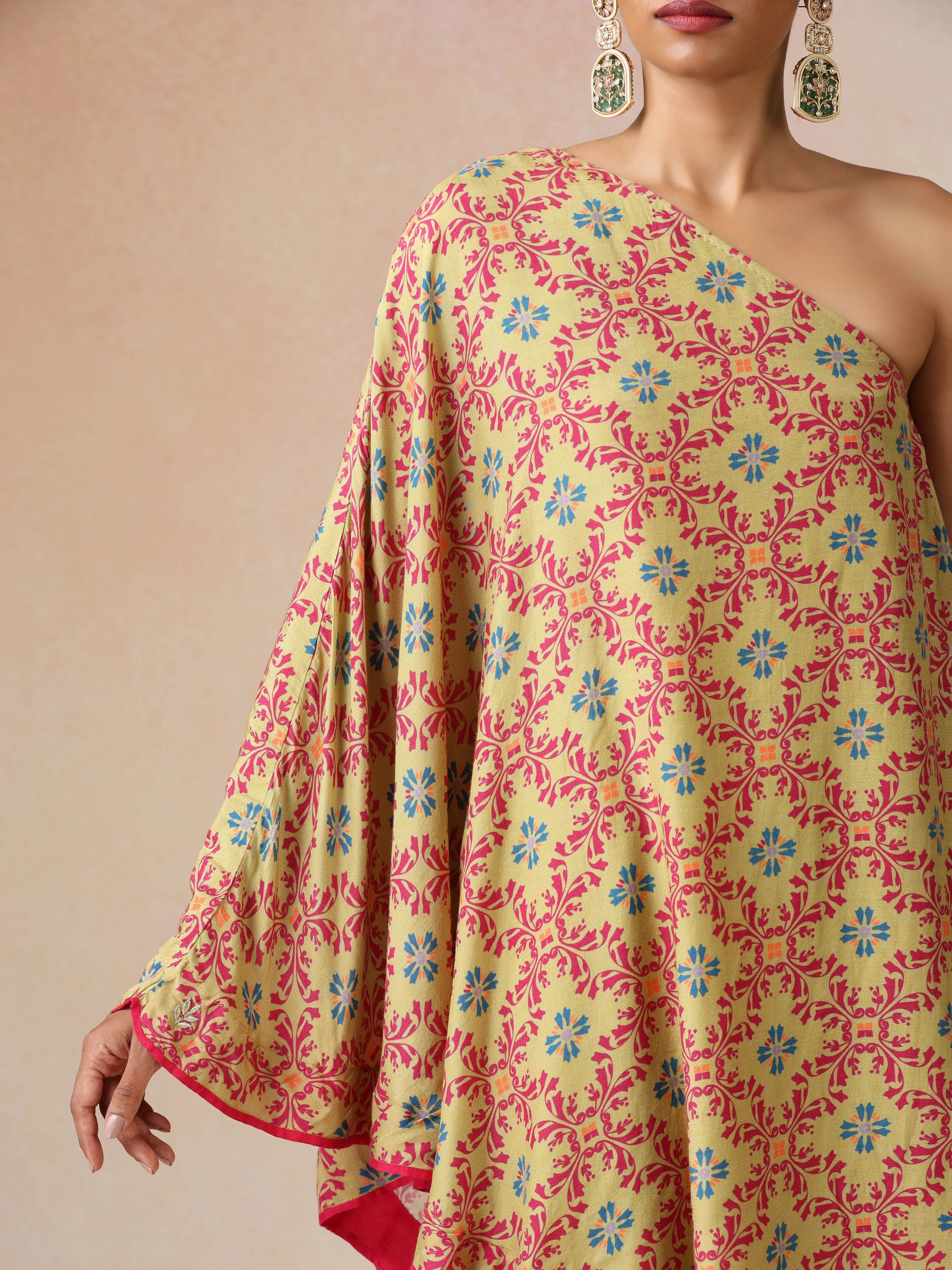 trueBrowns Light Green Pink Jaal Print Viscose Asymmetric One-Shoulder Kurta Co-ord Set