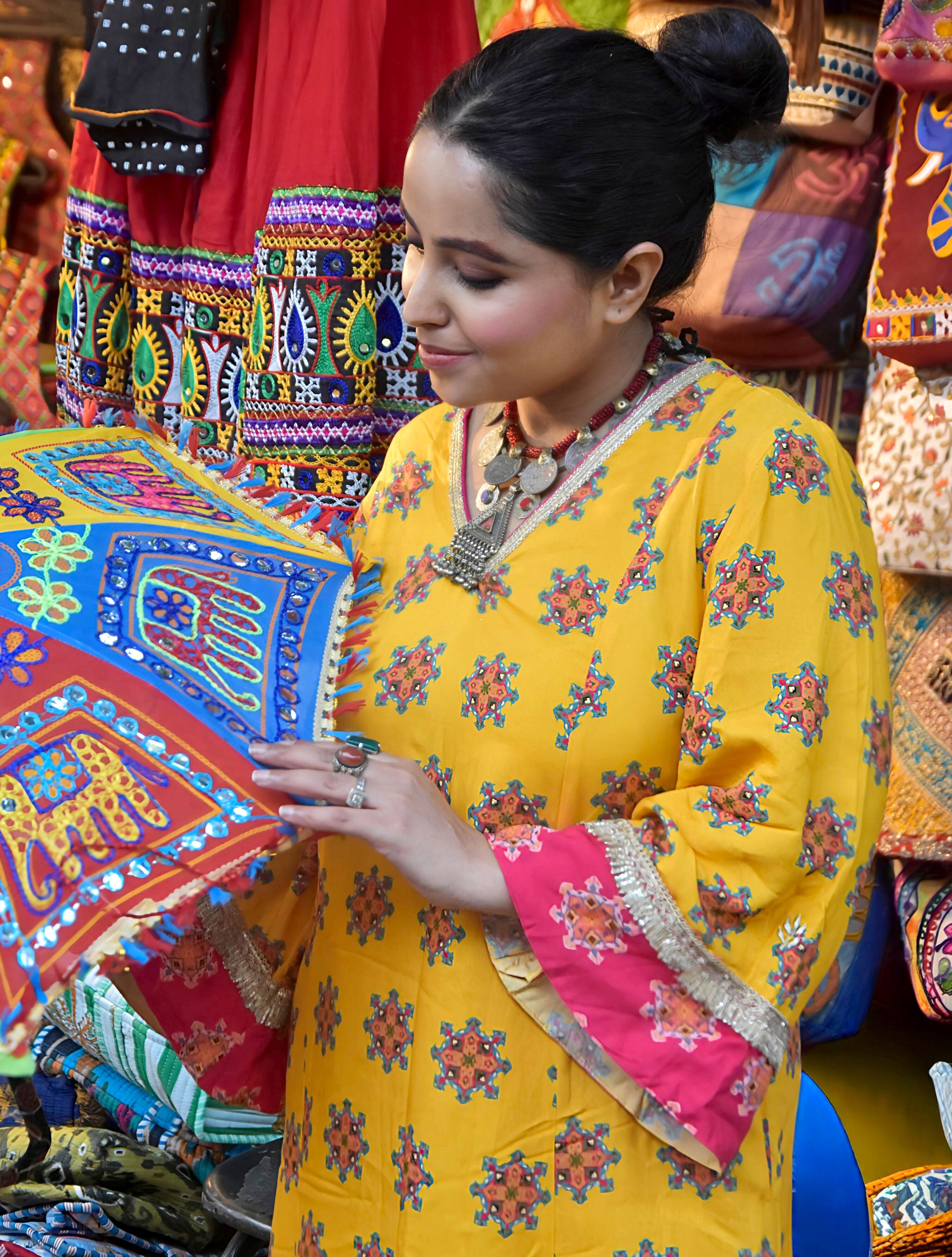 trueBrowns Yellow Boota Print Viscose A-line Kurta Set