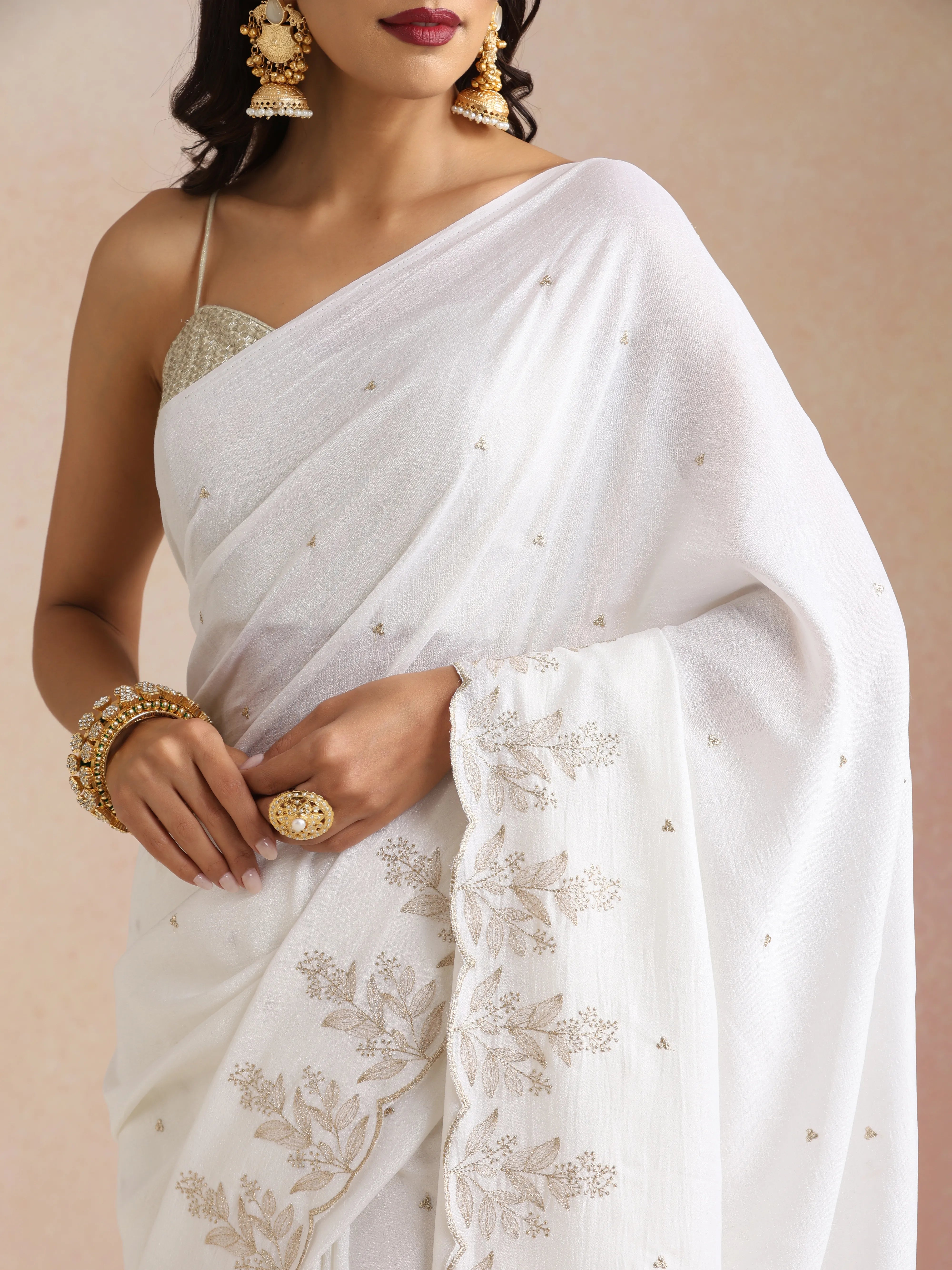 trueBrowns Ivory All Over Zari Embroidered Saree With Unstitched Blouse