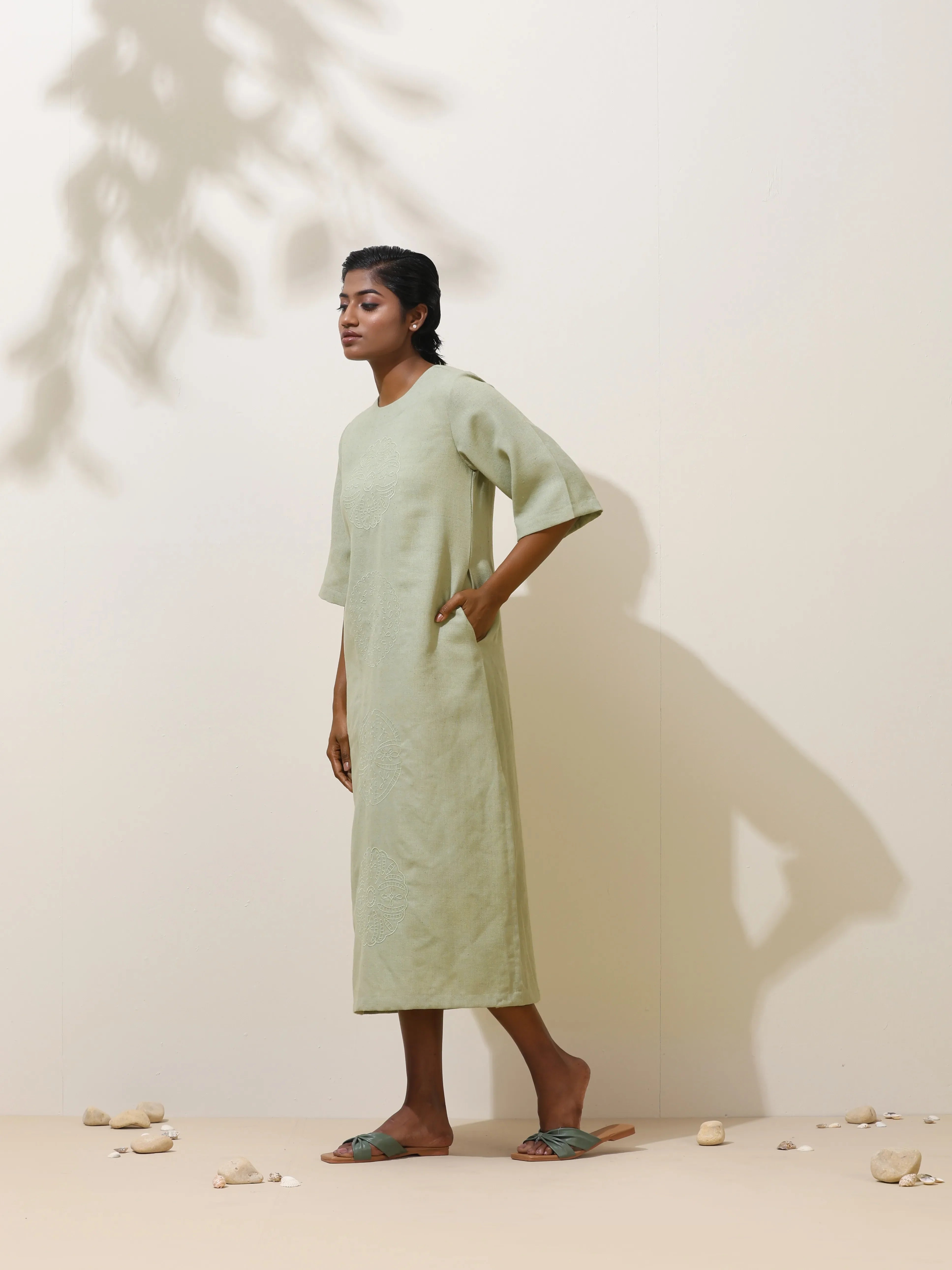trueBrowns Patcholi Green Embroidered Natural Cotton Dress