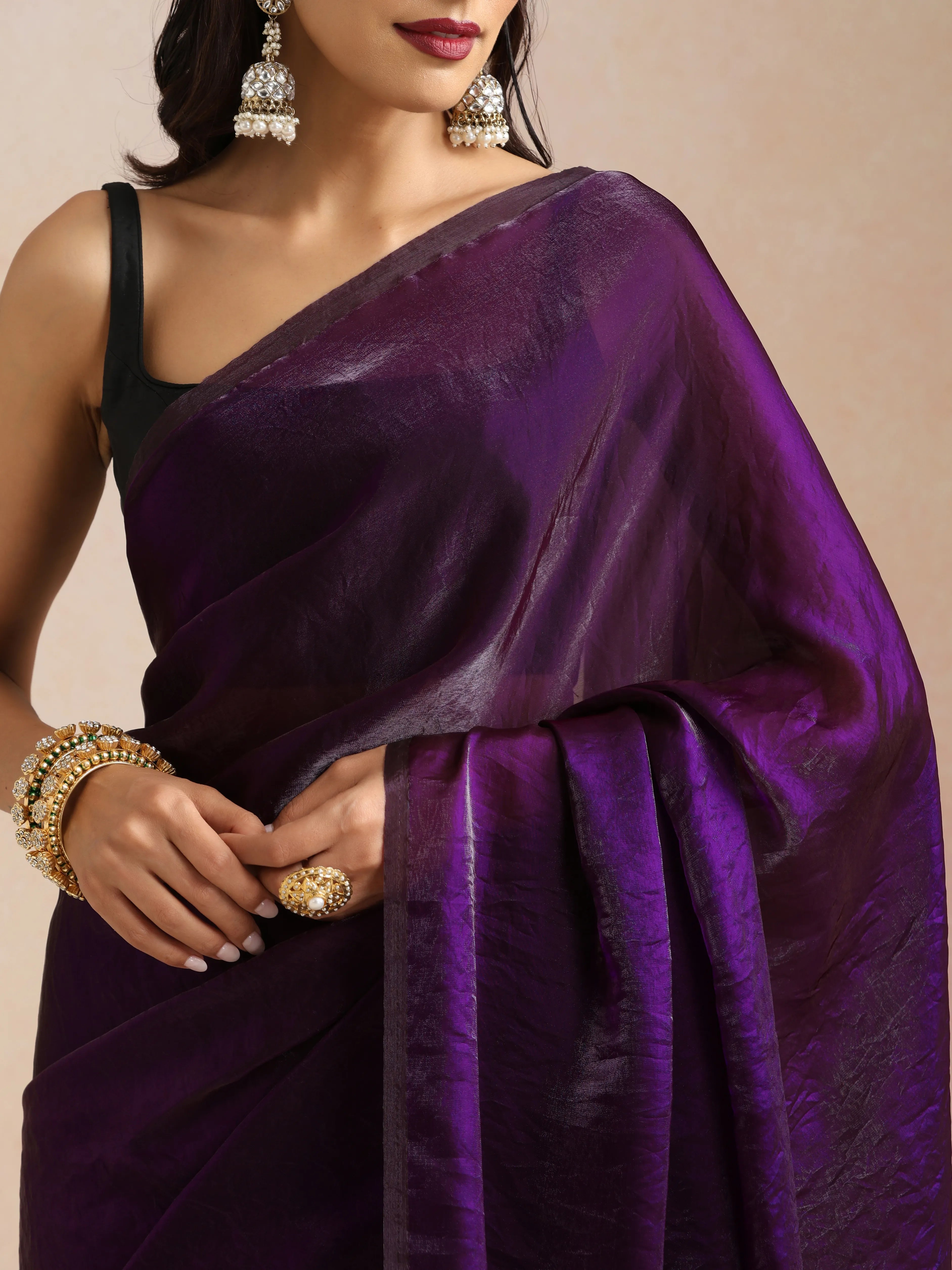 trueBrowns Purple Tissue Saree With Unstitched Blouse