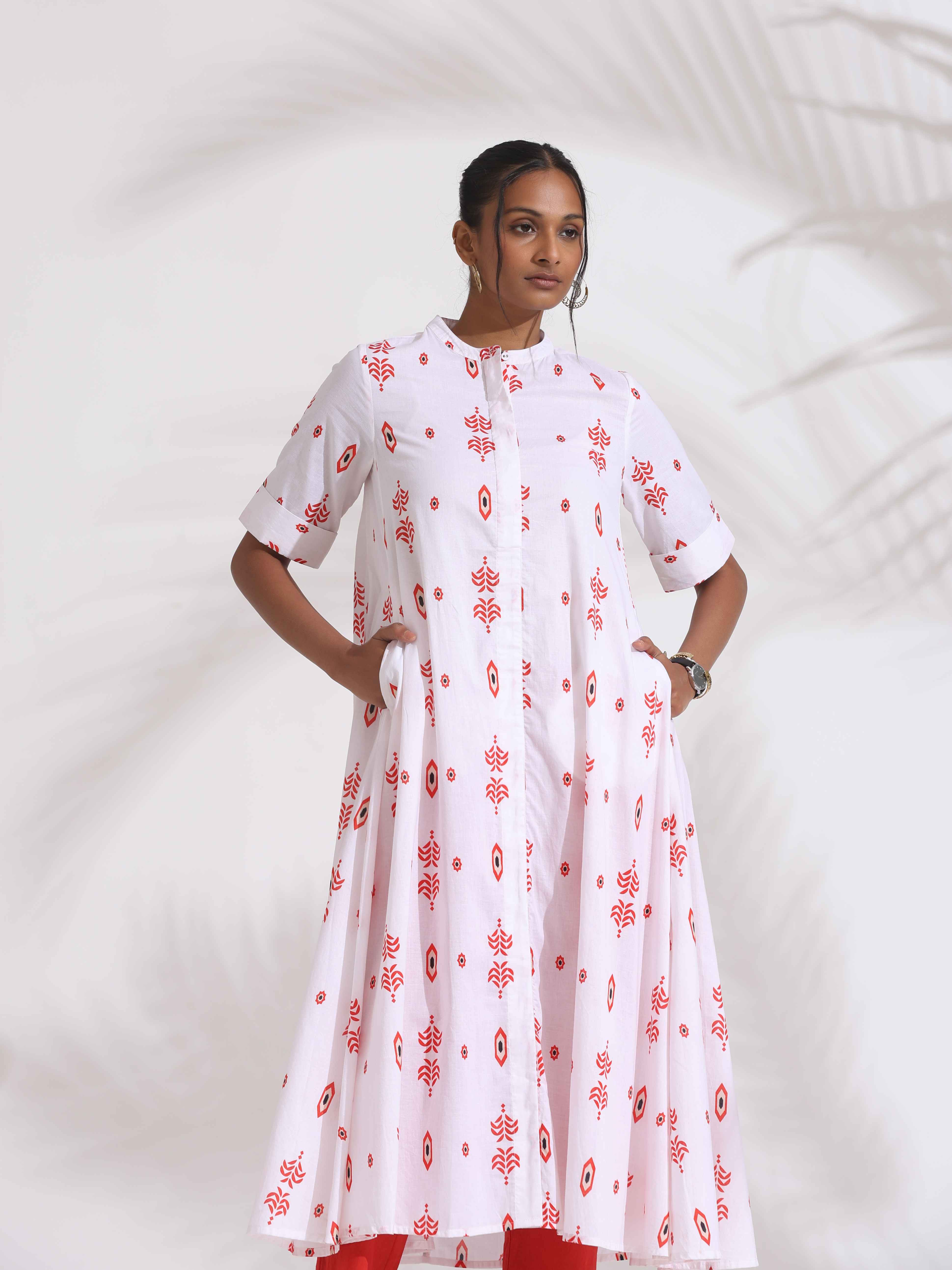 trueBrowns White Cotton Print Flared Kurta Set