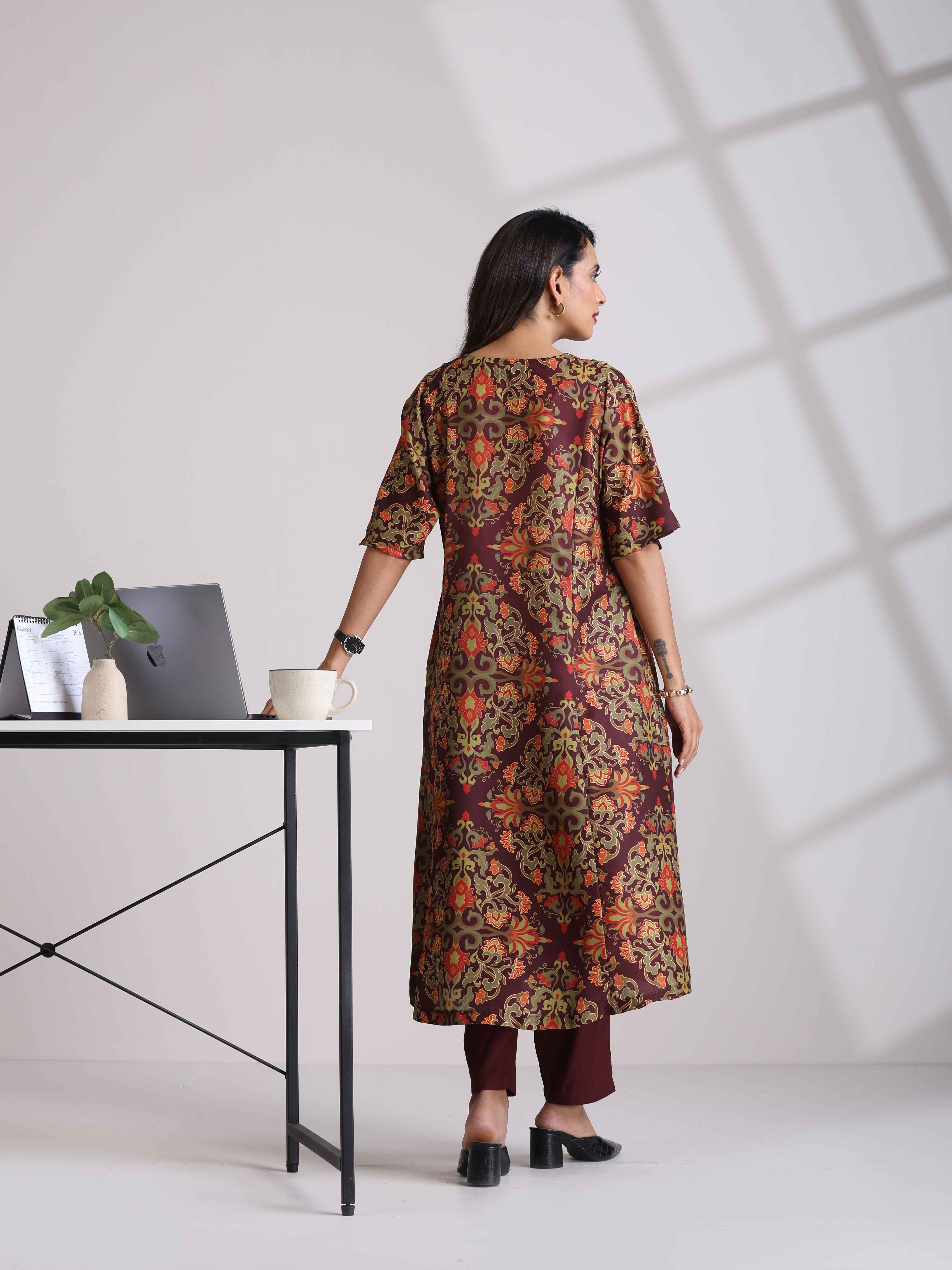 trueBrowns Brown Floral Print Kaftan Kurta Set