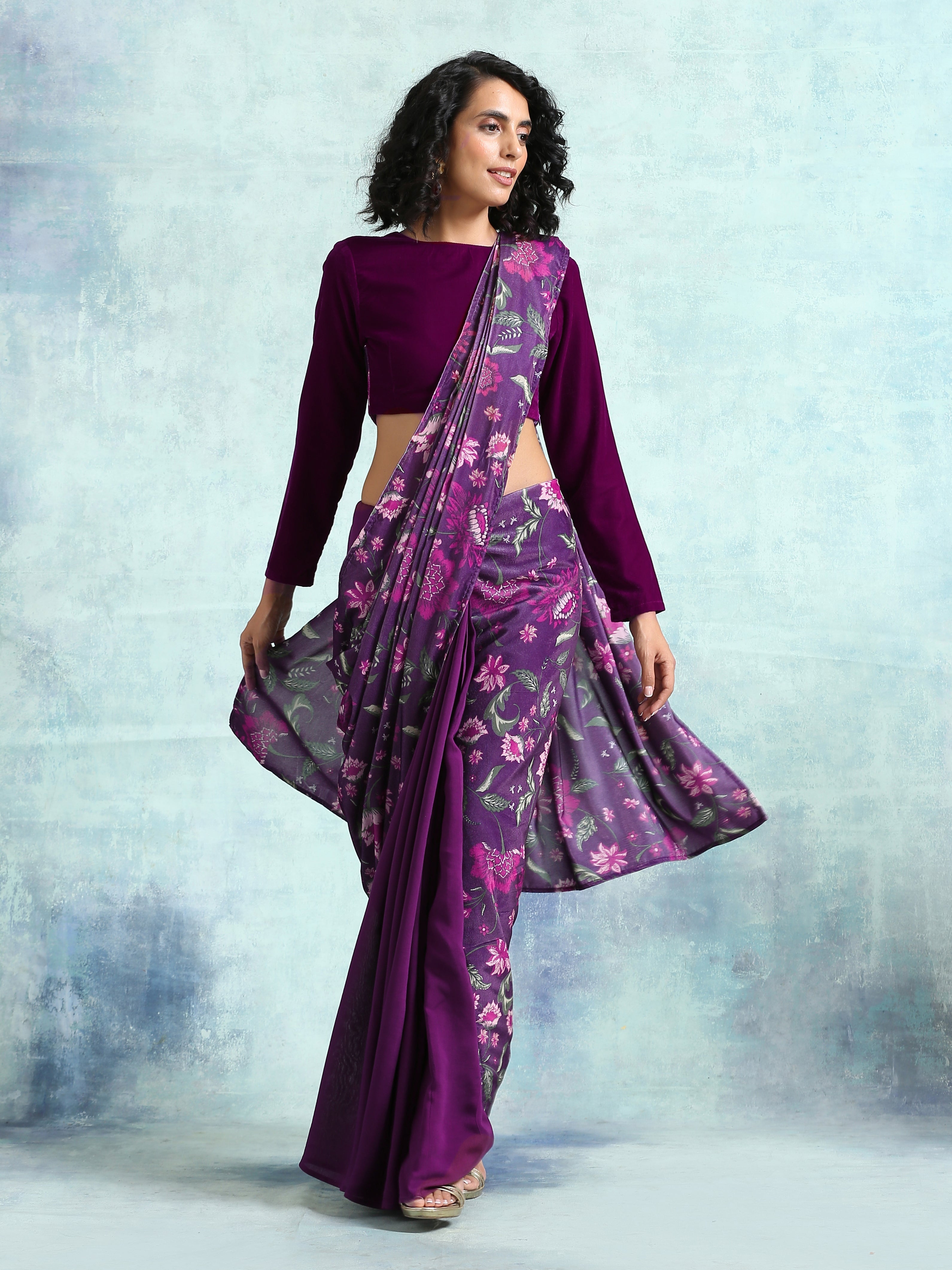 Wine Velvet With Print Detail Blouse