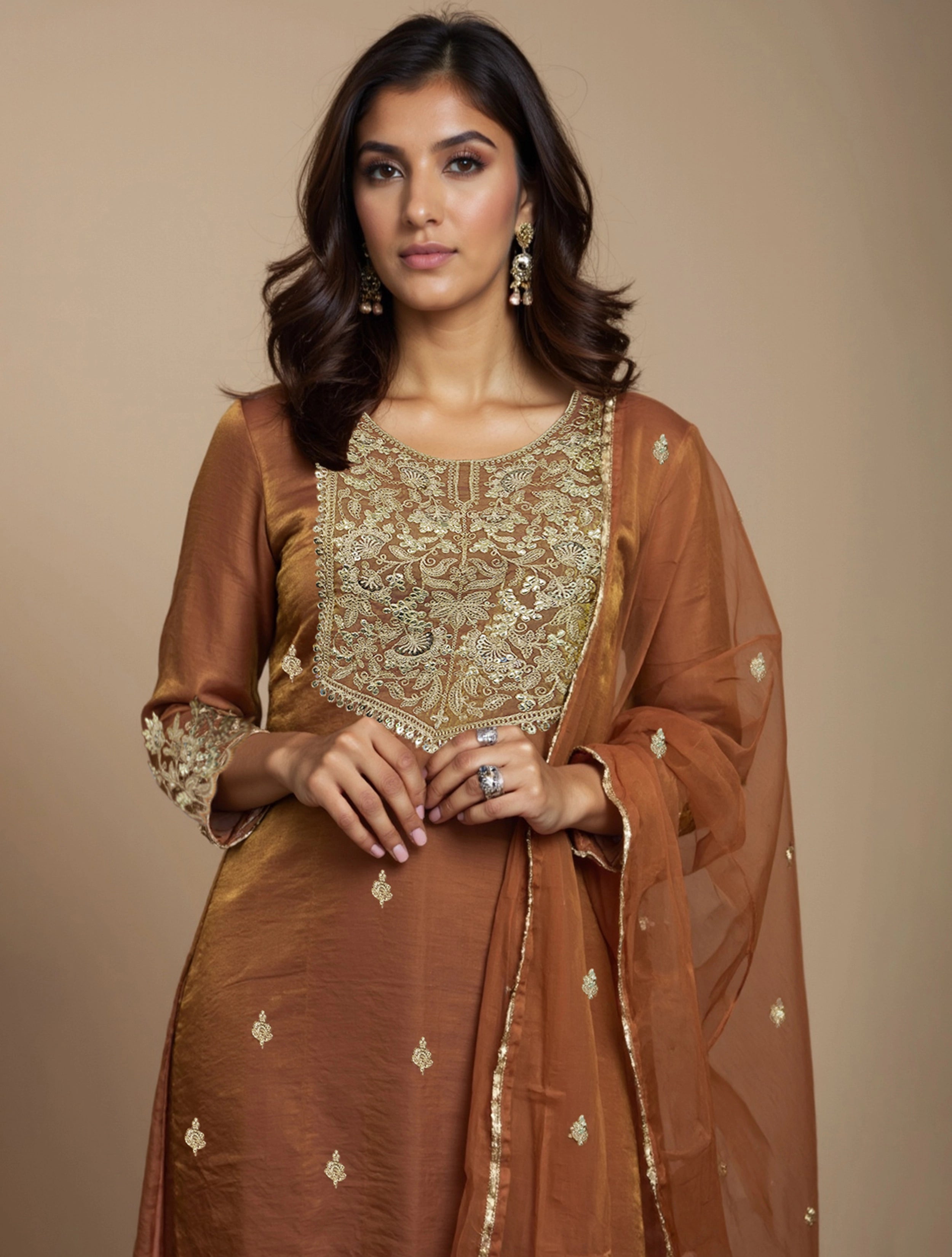 trueBrowns Brown All Over Embroidered Tissue Straight Kurta 3pc Set