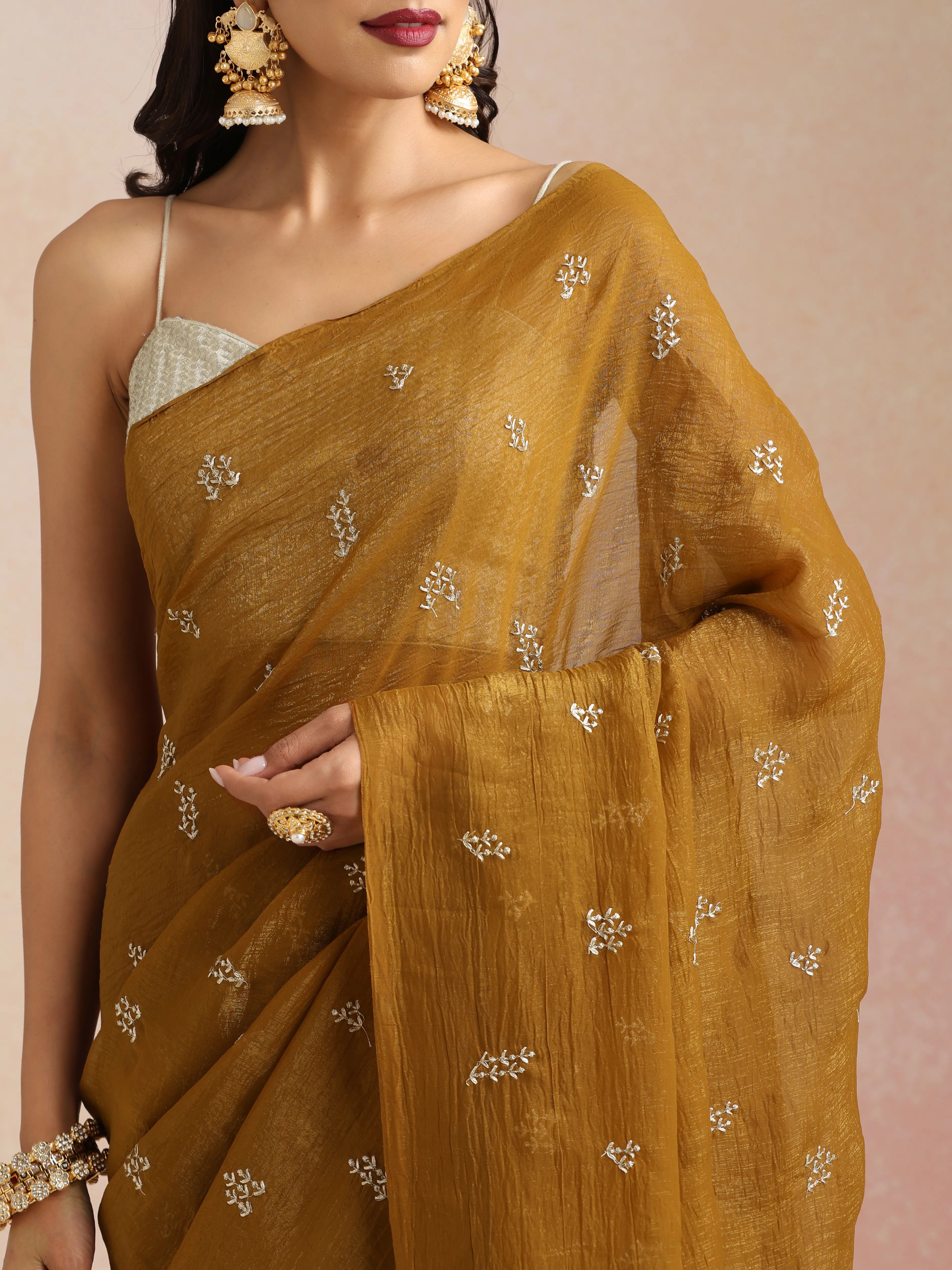trueBrowns Bronze All Over Embroidered Saree With Unstitched Blouse