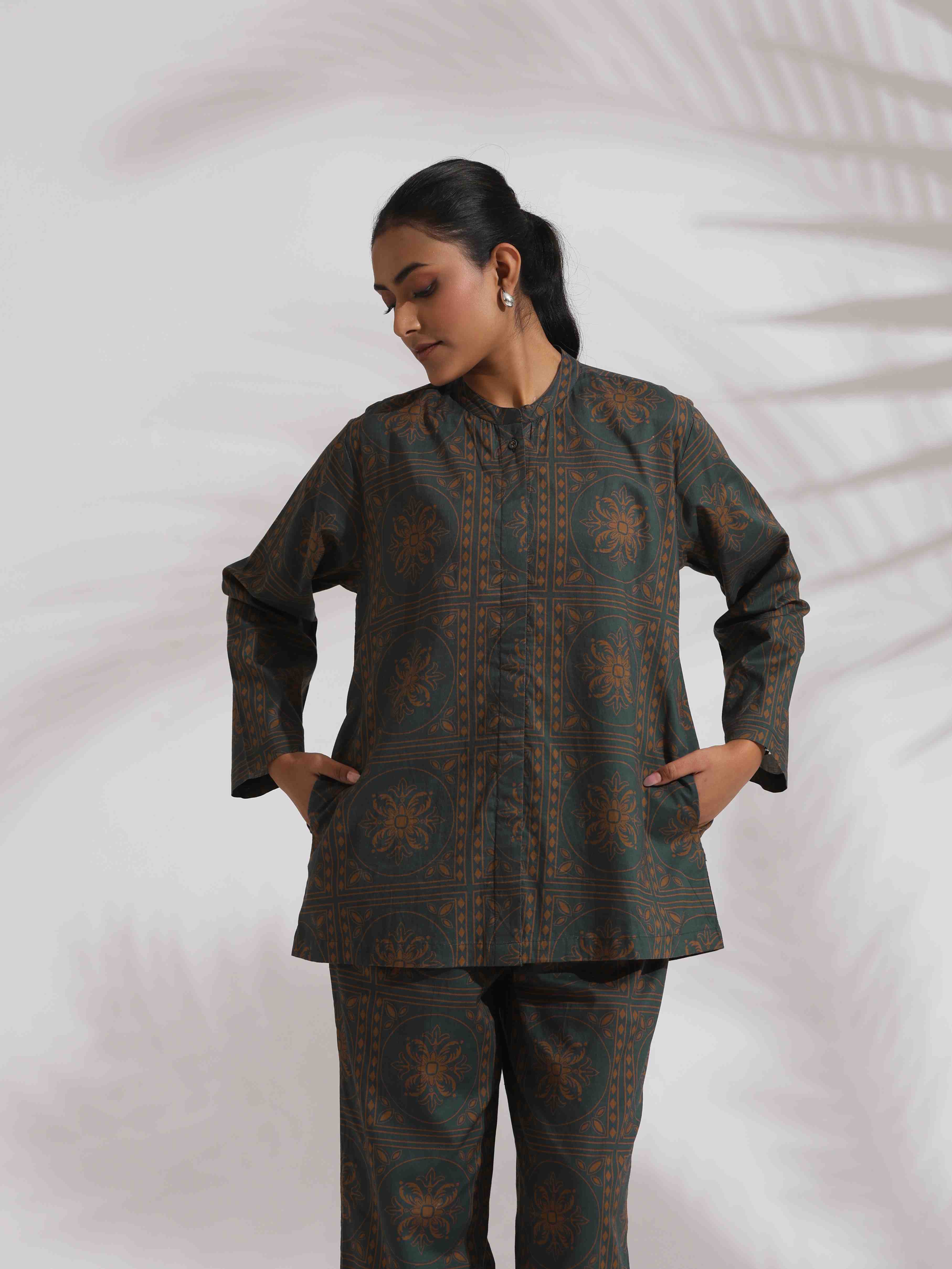 trueBrowns Green Cotton Print Shirt Top & Pants Co-ord Set