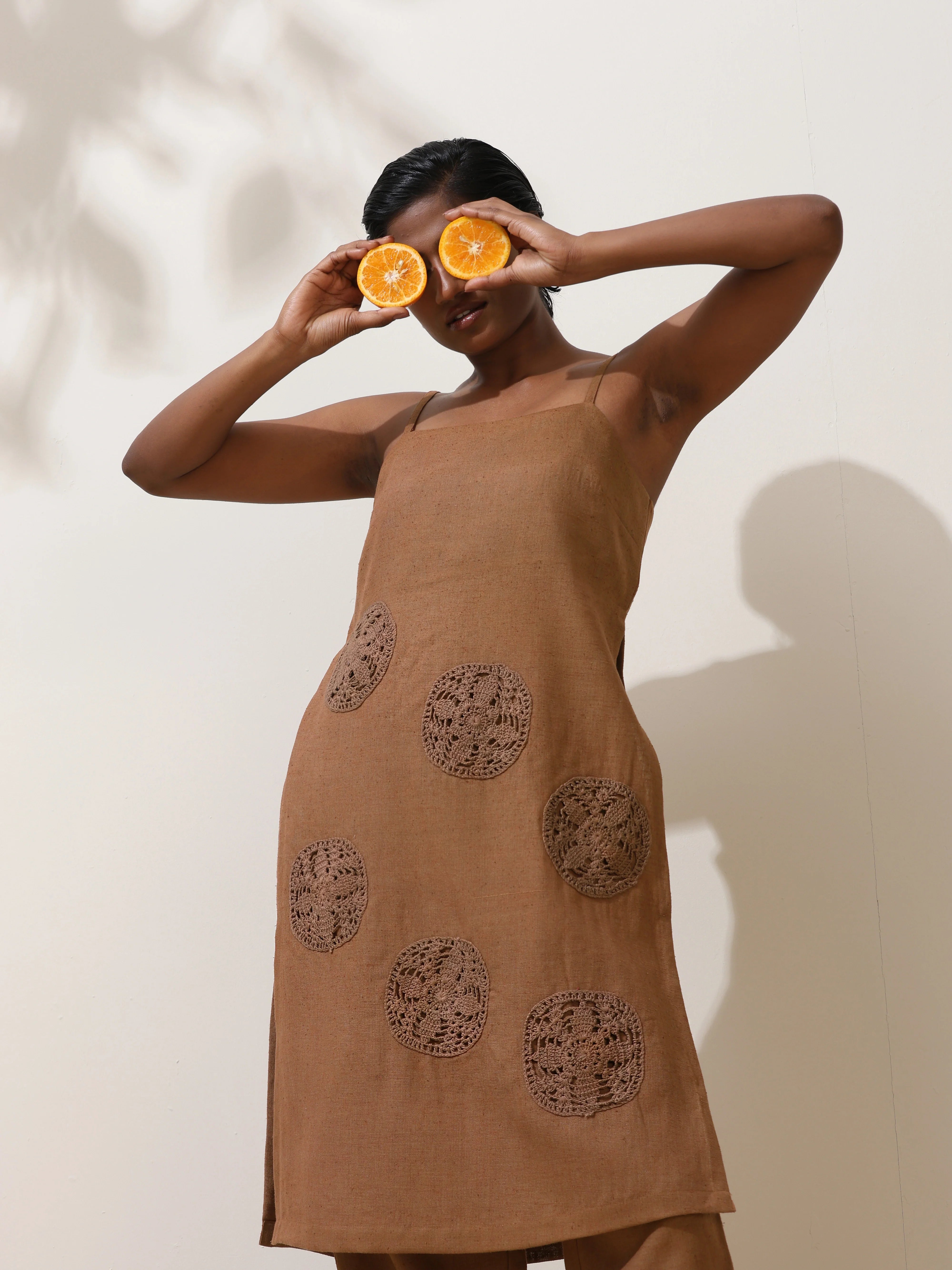 trueBrowns Kora Brown Crochet Natural Cotton Kurta Co-ord Set