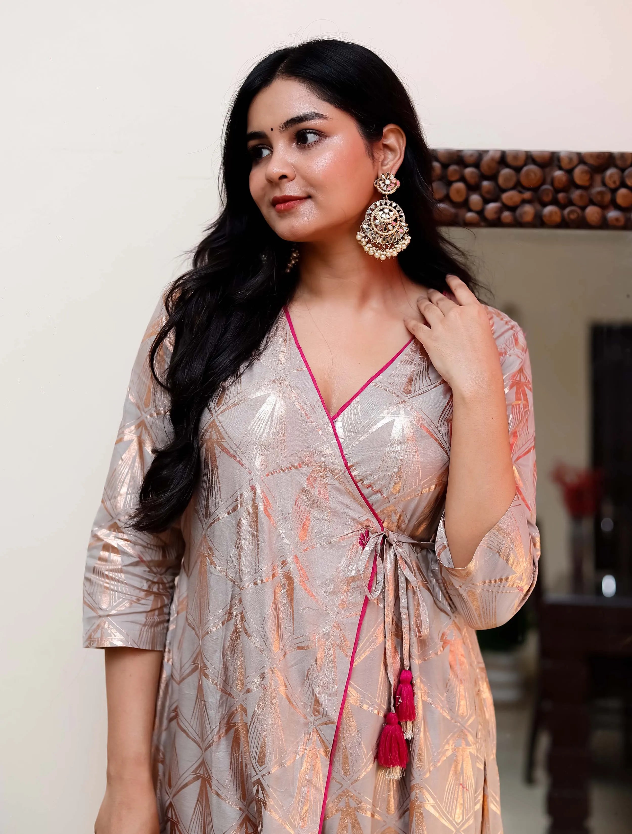 trueBrowns Grey Rose-Gold Foil Print Angrakha Kurta Set