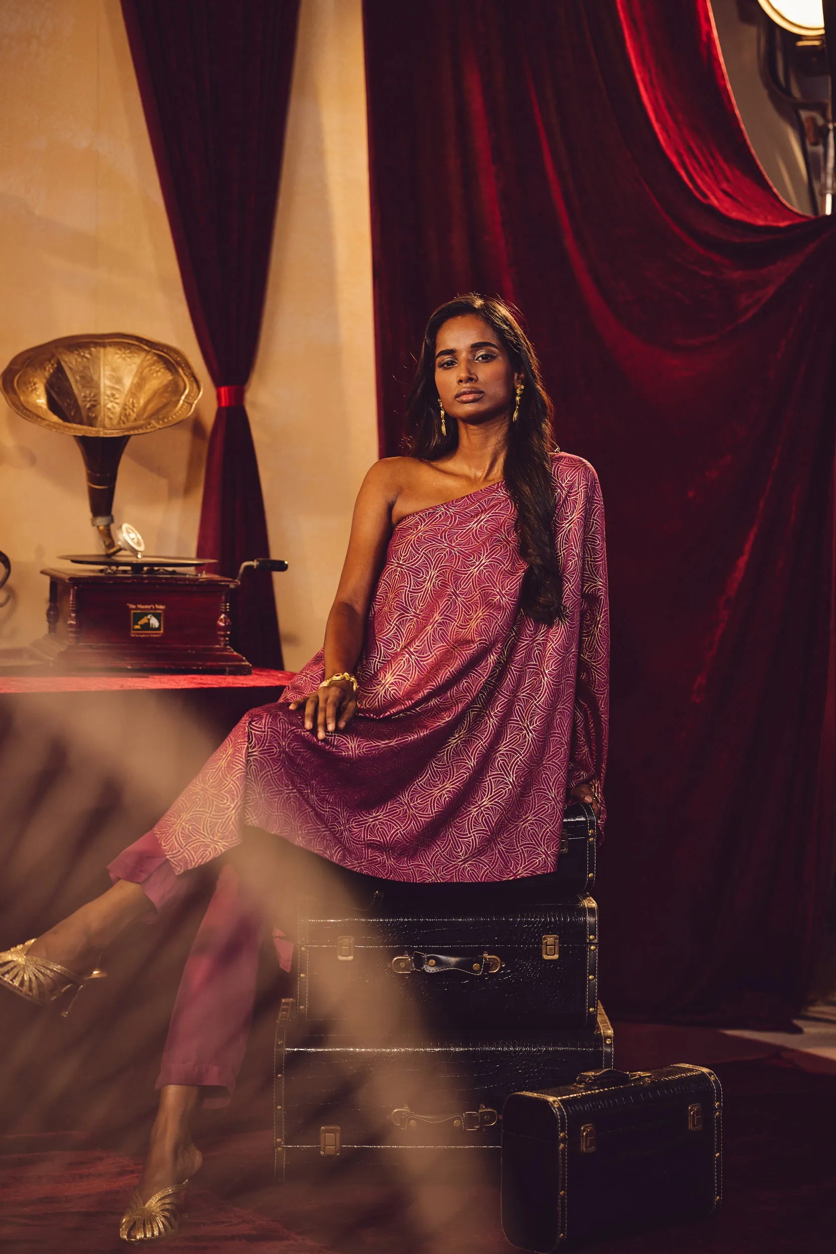 trueBrowns Magenta Gold Foil Print Muslin Silk Asymmetric One-Shoulder Kurta Co-ord Set