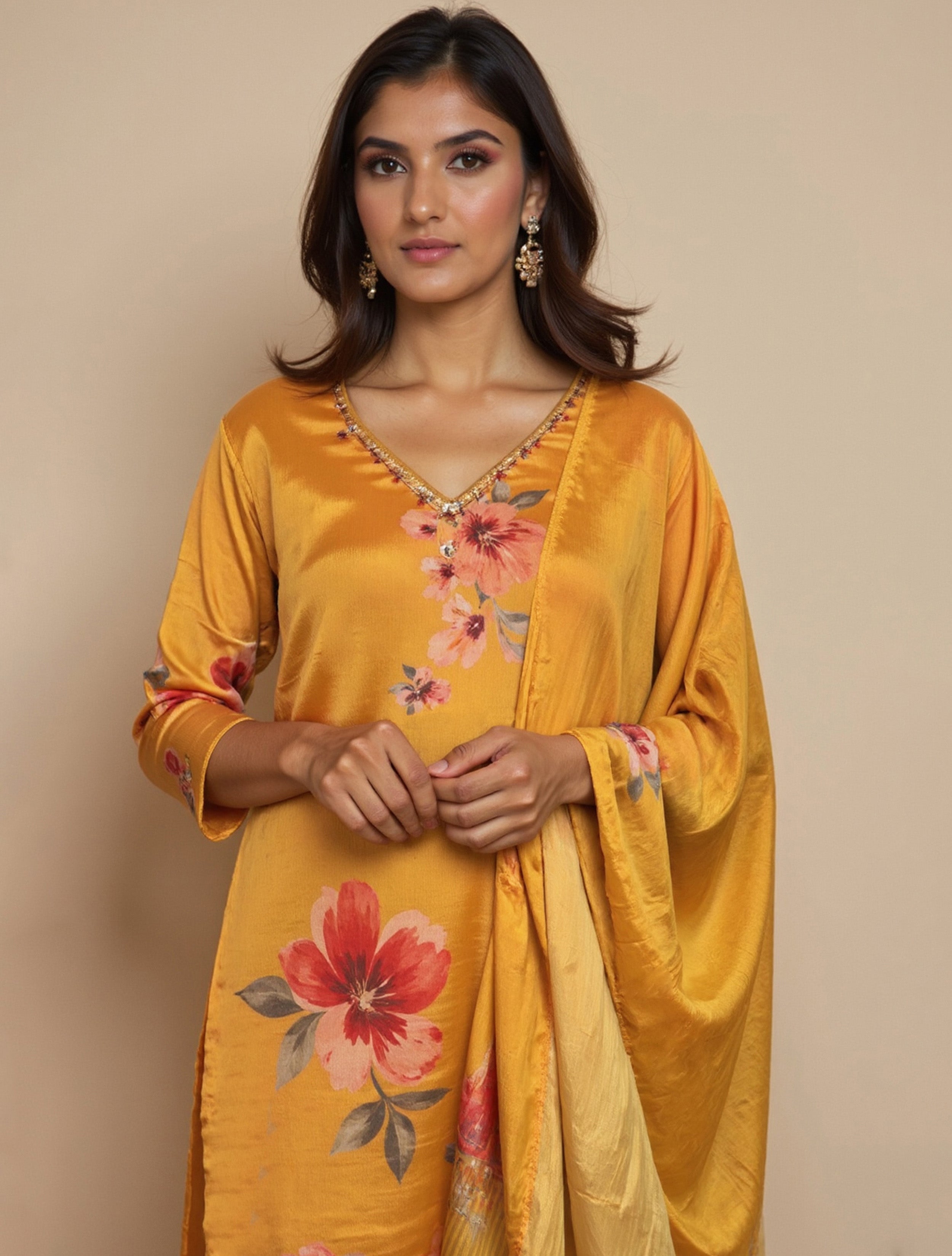trueBrowns Yellow Floral V-Neck Emb Straight Kurta Pant Dupatta Set