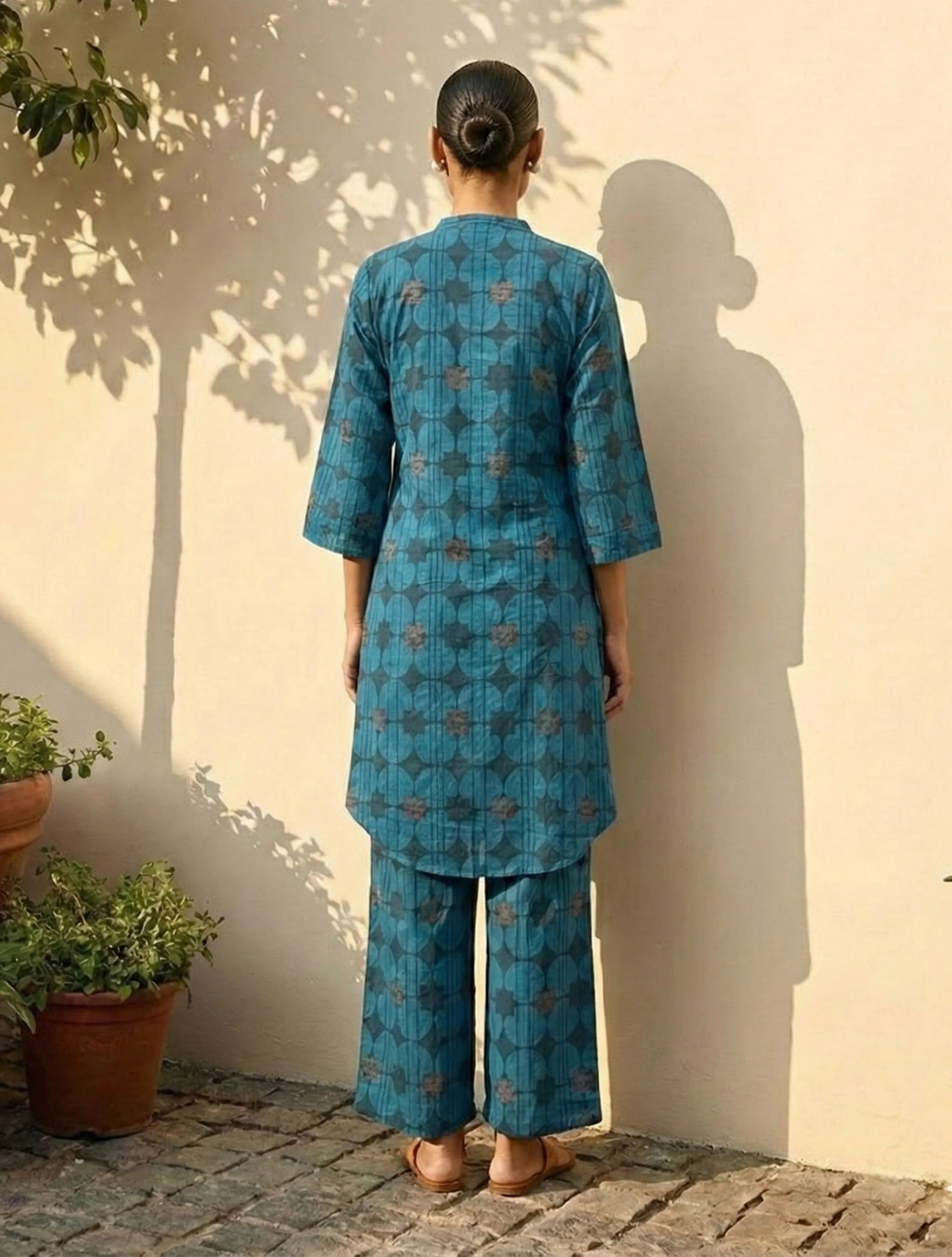 trueBrowns Blue Geometric Print Kurta Pant Set