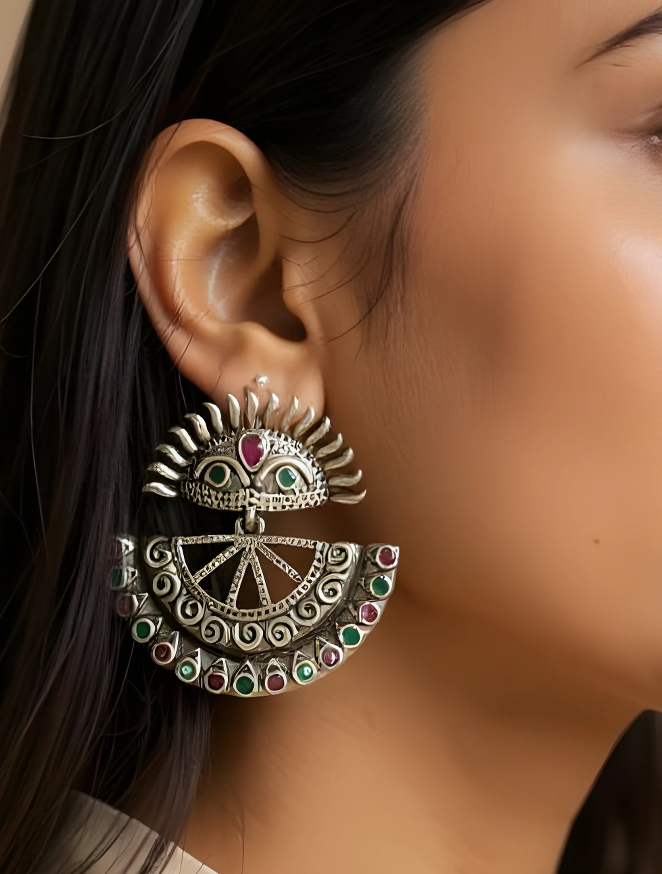 trueBrowns Sliver Toned Half Mandala Stone Studded Earrings