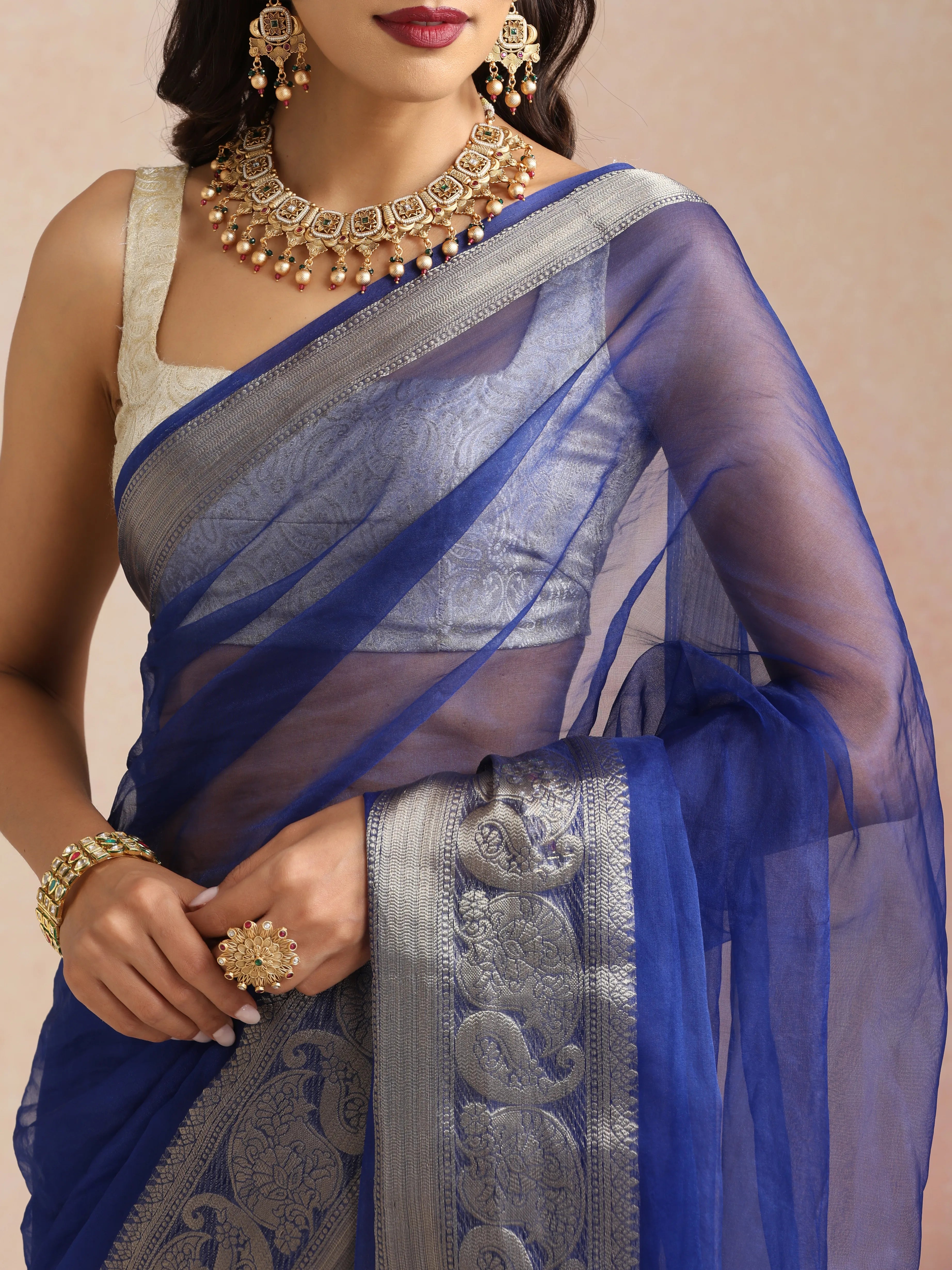 trueBrowns Electric Blue Organza Saree With Unstitched Blouse