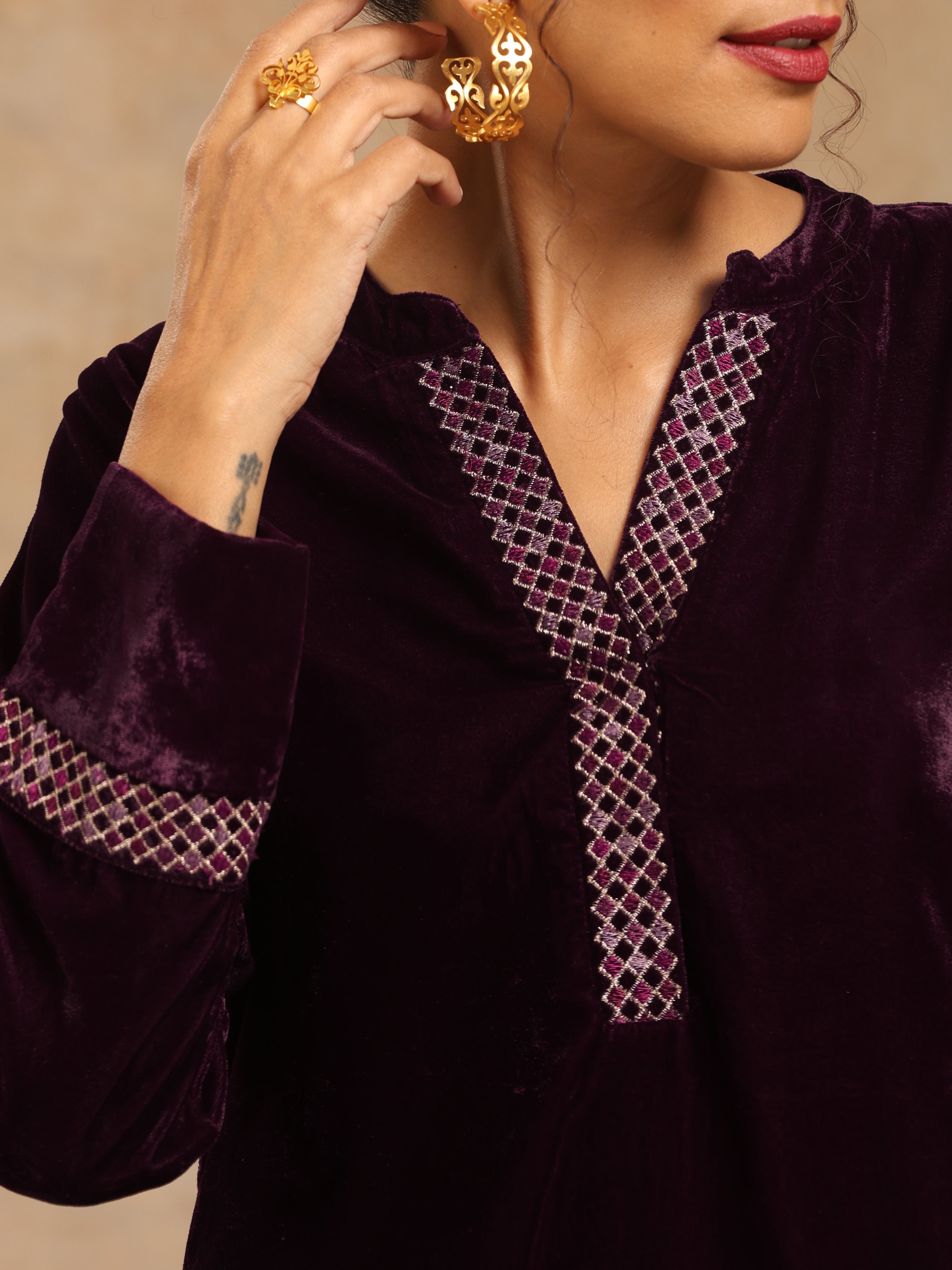 trueBrowns Wine Velvet Placket Embroidered Co-ord Set