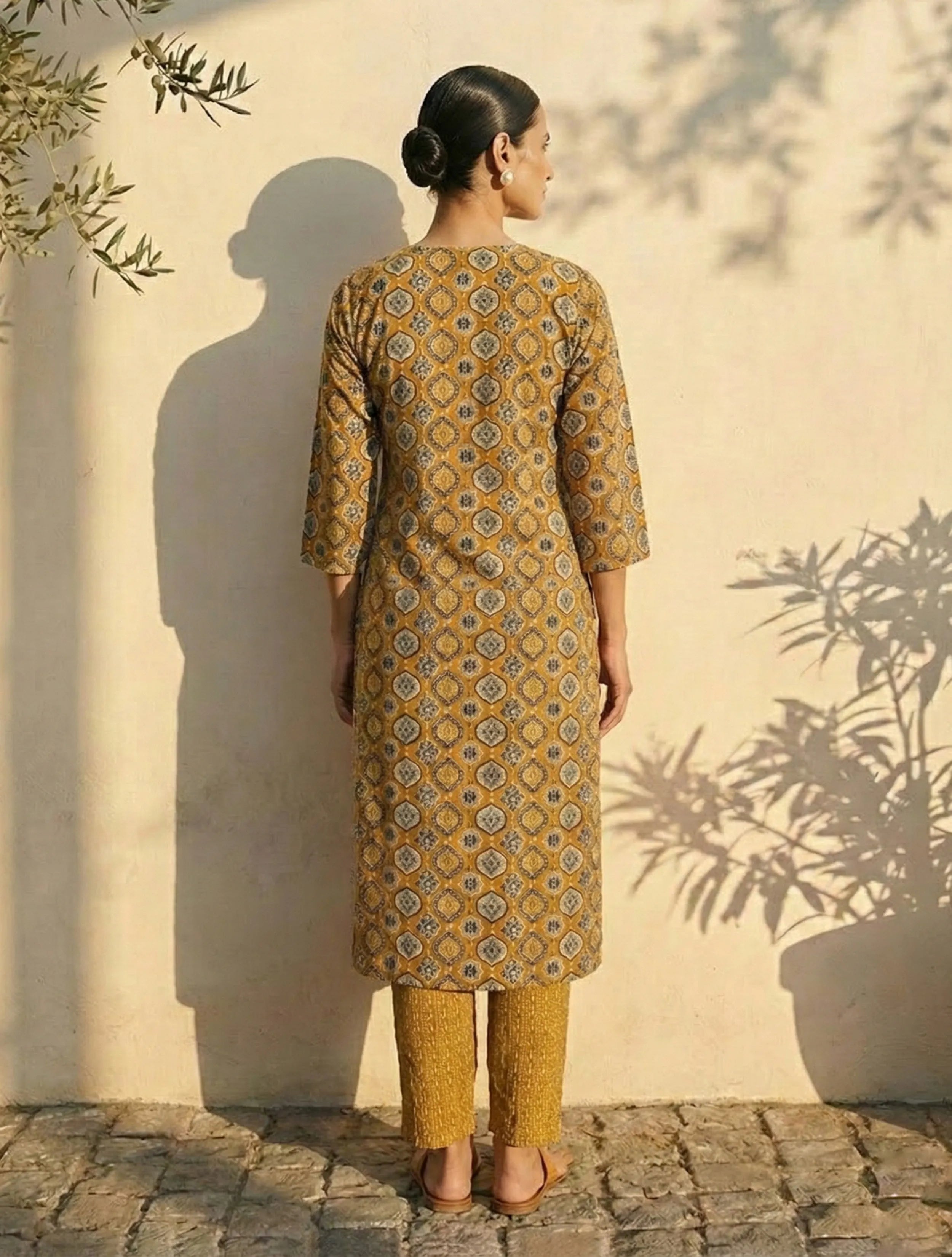 trueBrowns Mustard Print Embroidered V-Neck Kurta Pant Dupatta Set