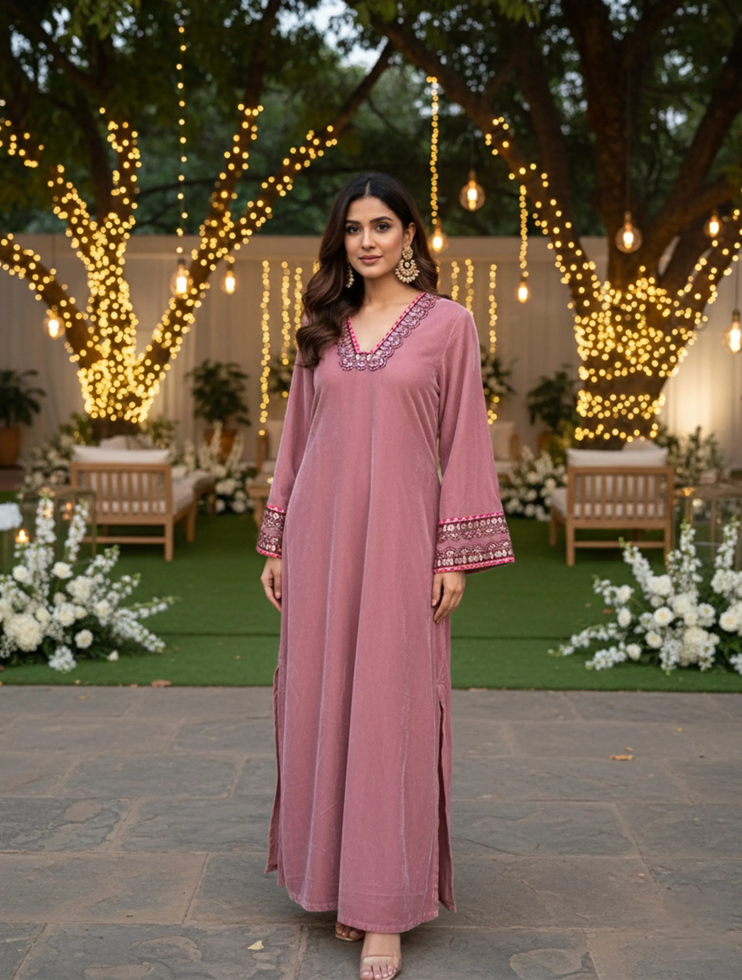 trueBrowns Pink Velvet Straight Maxi Dress