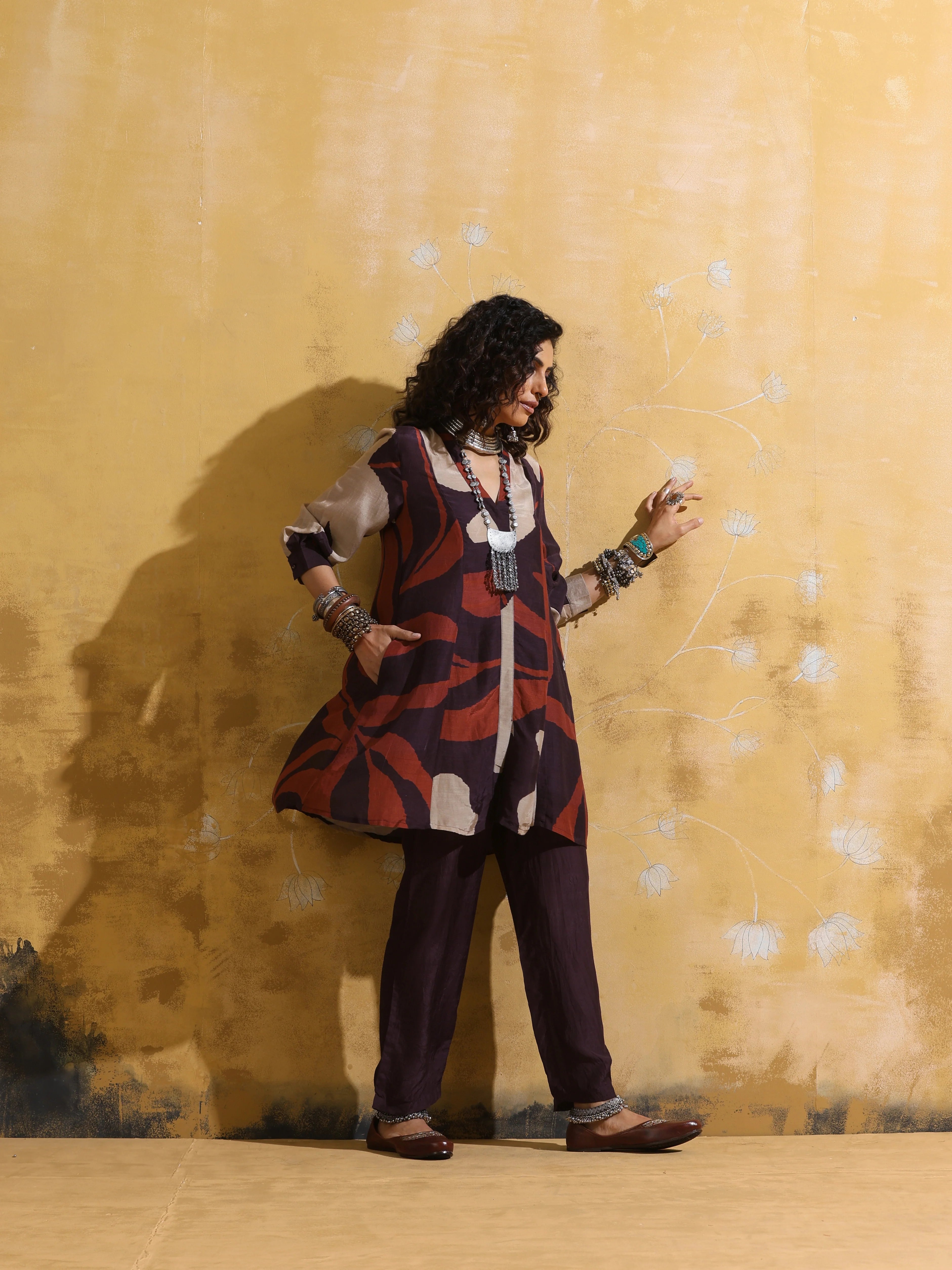 trueBrowns Cola Rust Red Floral Print Muslin Silk A-Line Co-ord Set