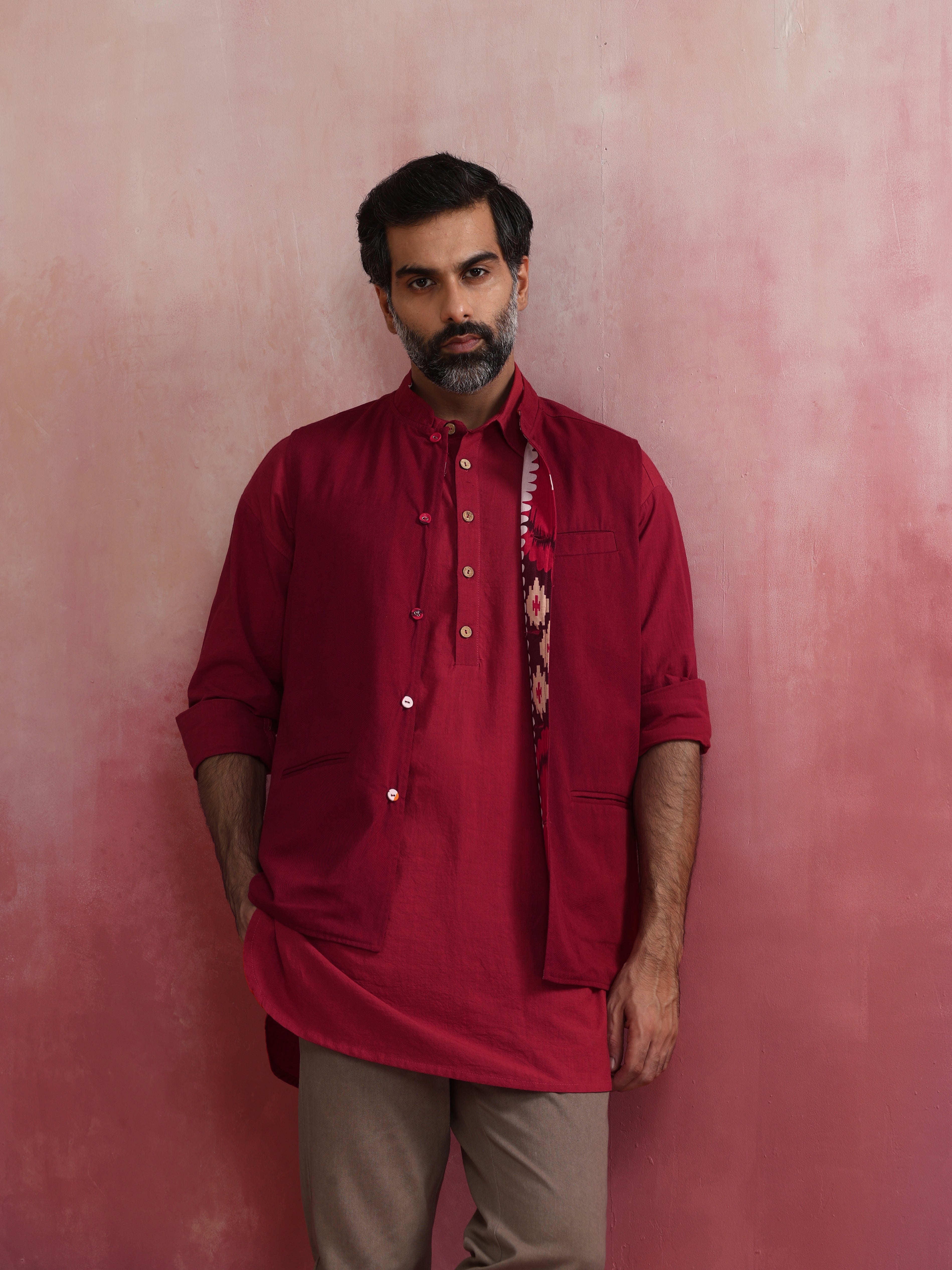 trueBrowns Men's Maroon Ikat Reversible Nehru Jacket