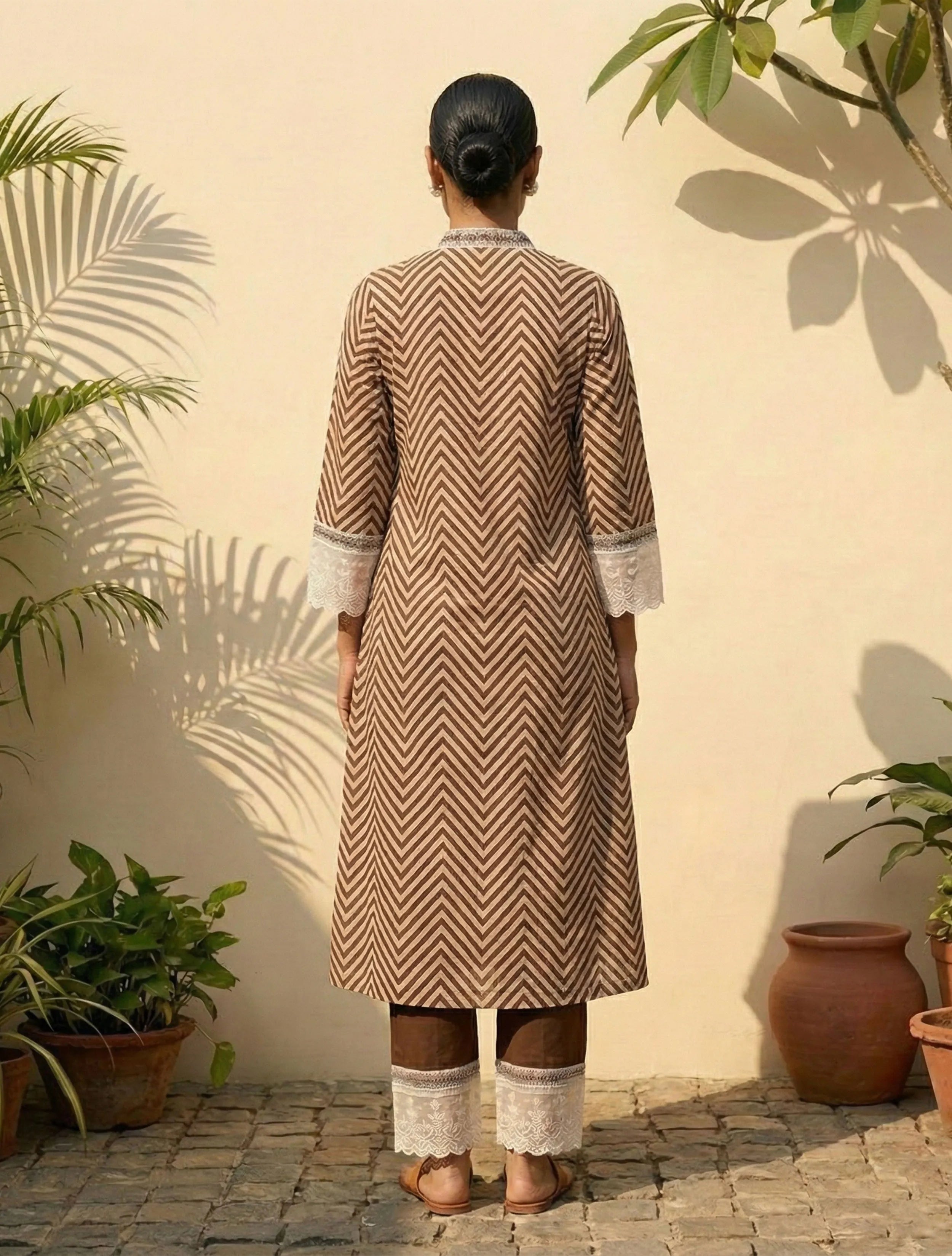 trueBrowns Brown Chevron Print Kurta Pant Dupatta Set