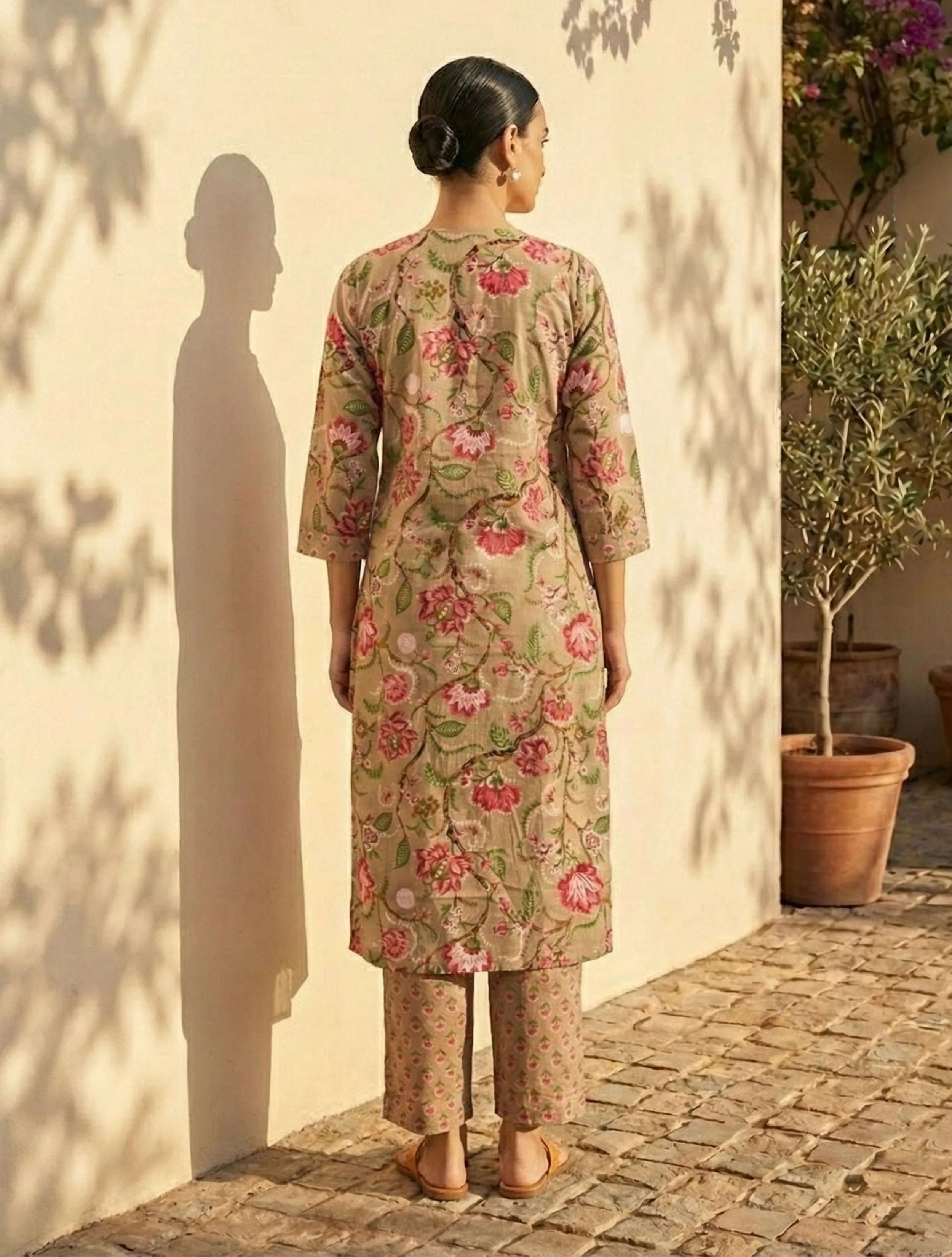 trueBrowns Beige Floral Print Straight Kurta Pant Dupatta Set