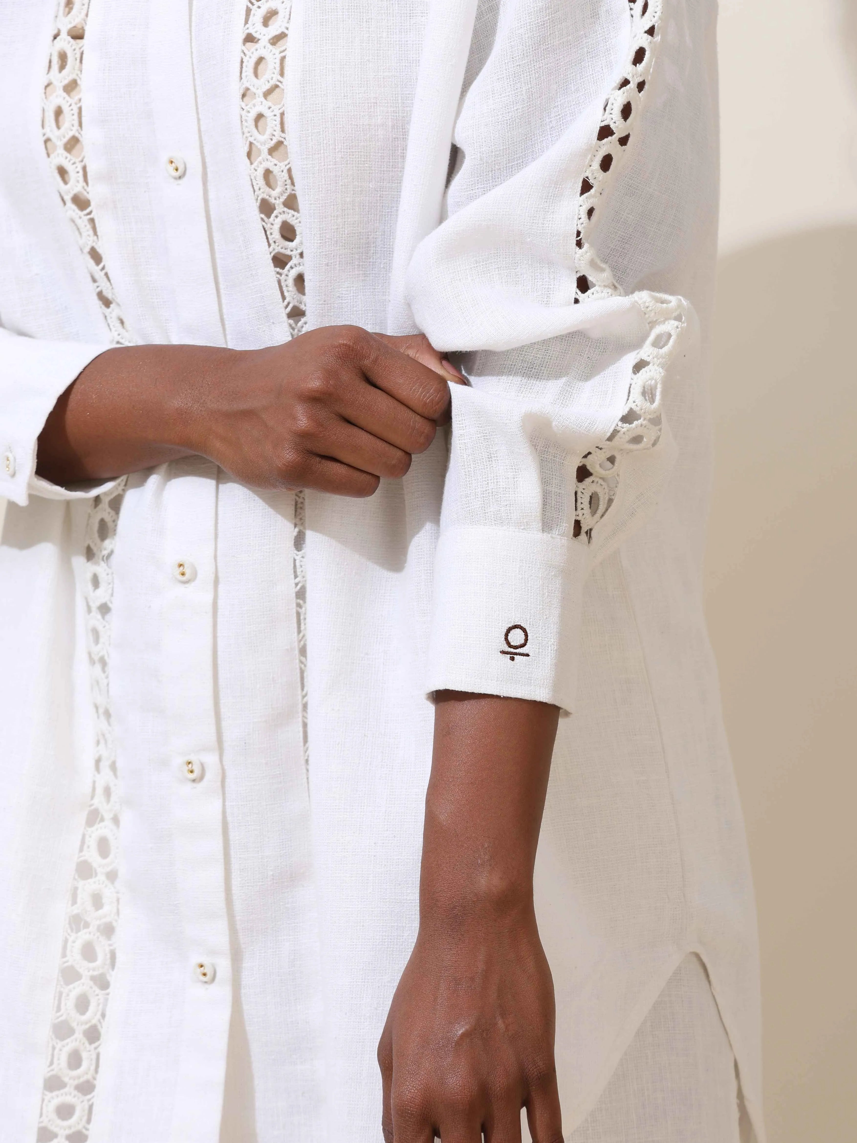 trueBrowns Attar White Crochet Natural Cotton Shirt Co-ord Set