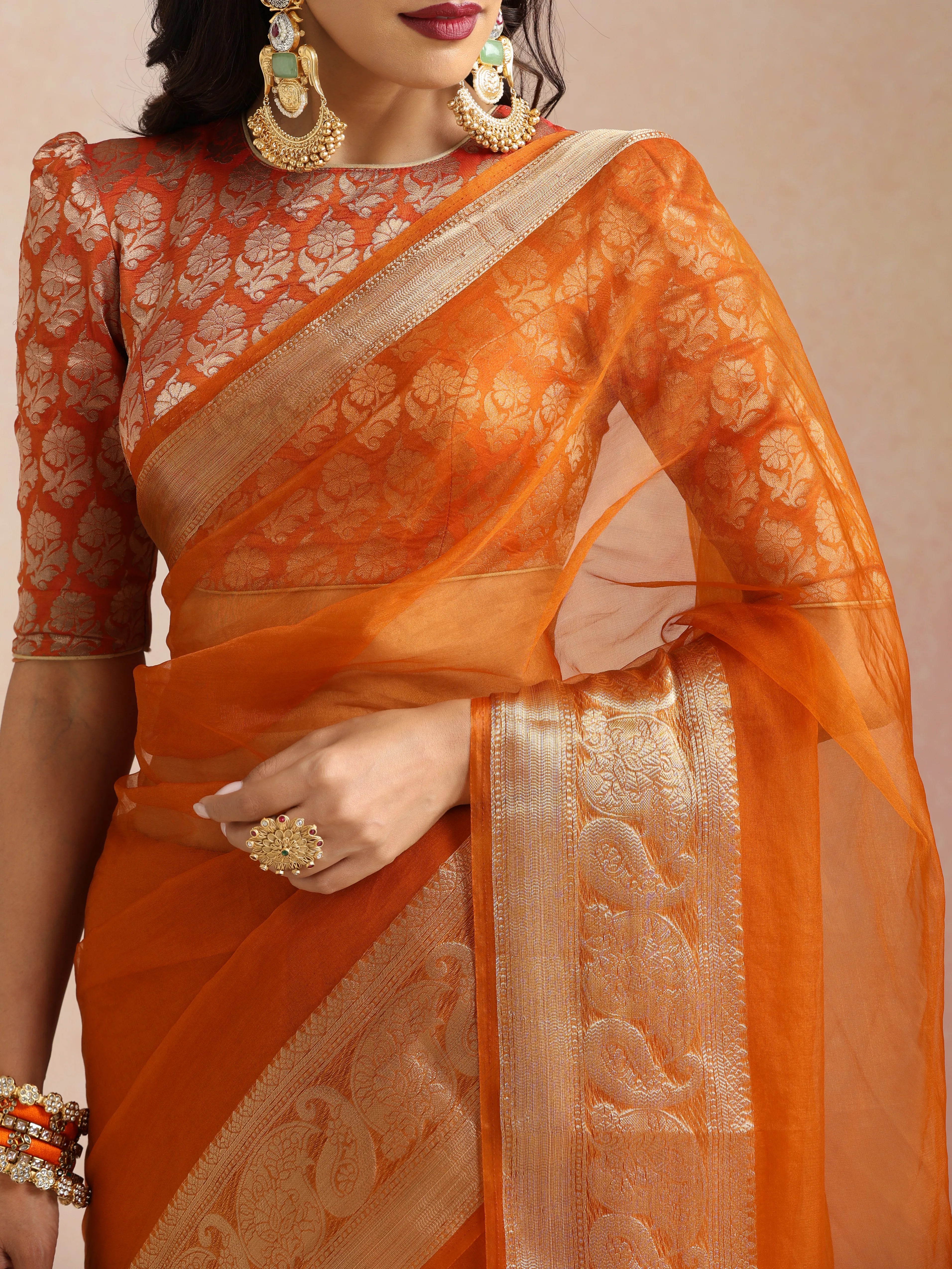 trueBrowns Rust Organza Saree With Unstitched Blouse