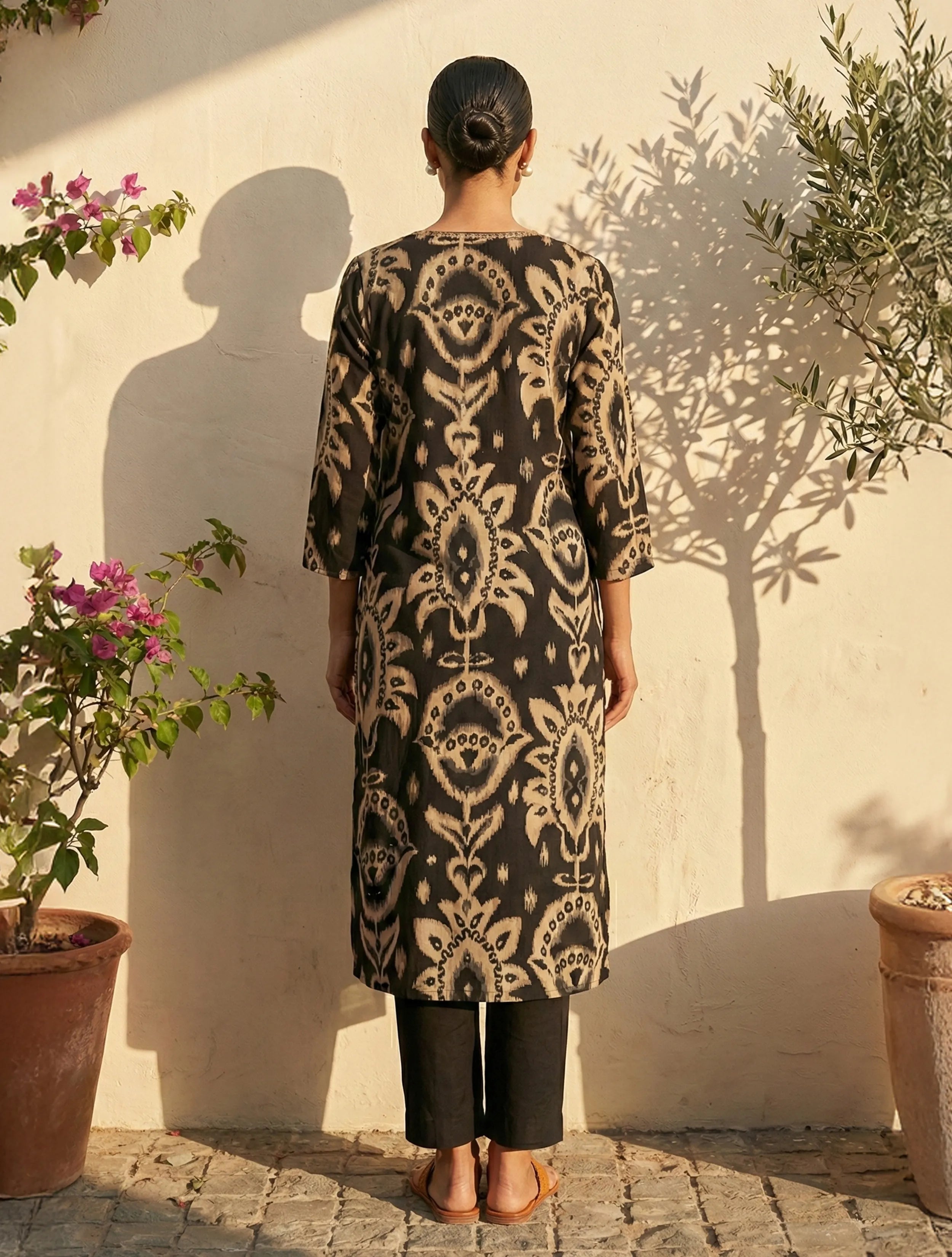 trueBrowns Black Print Embroidered Round Neck Kurta Pant Dupatta Set