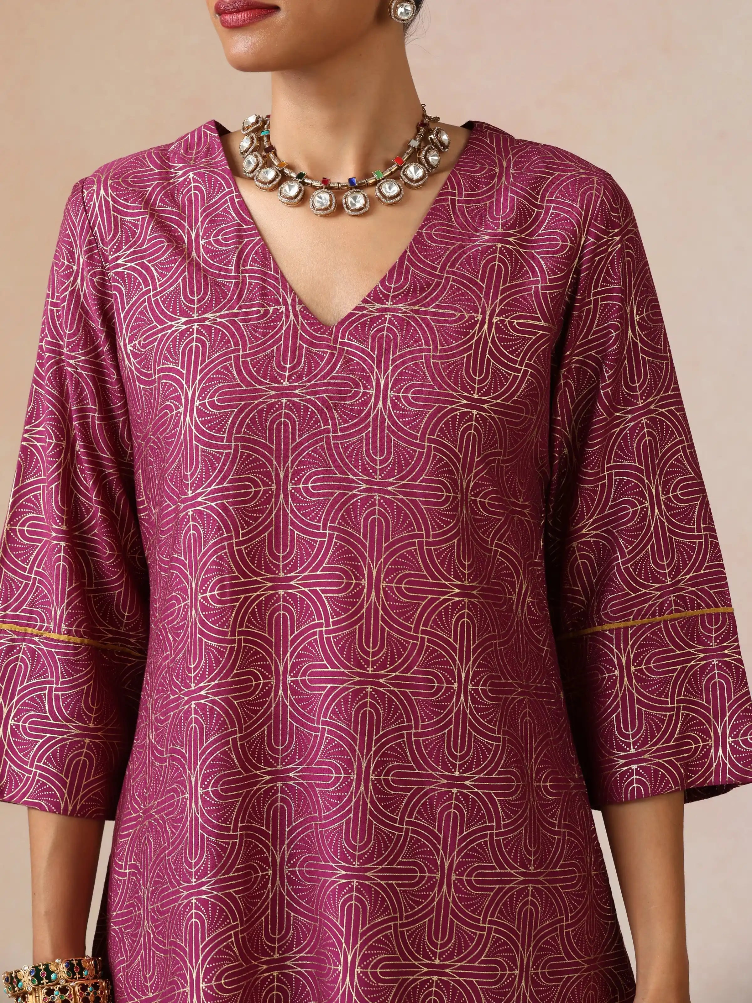 trueBrowns Magenta Gold Foil Print Muslin Silk Sharara Set