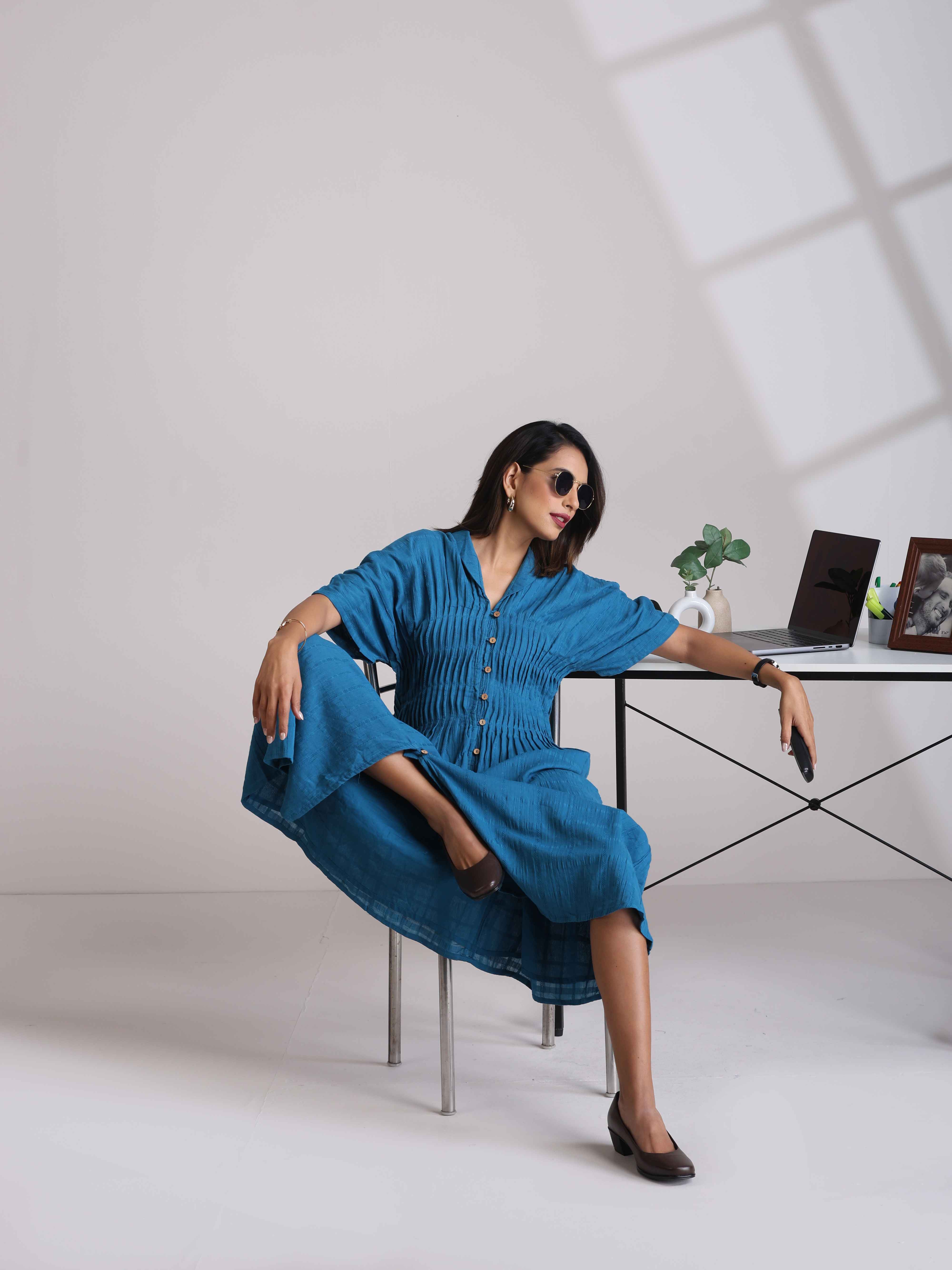 trueBrowns Blue Cotton Dobby Dress