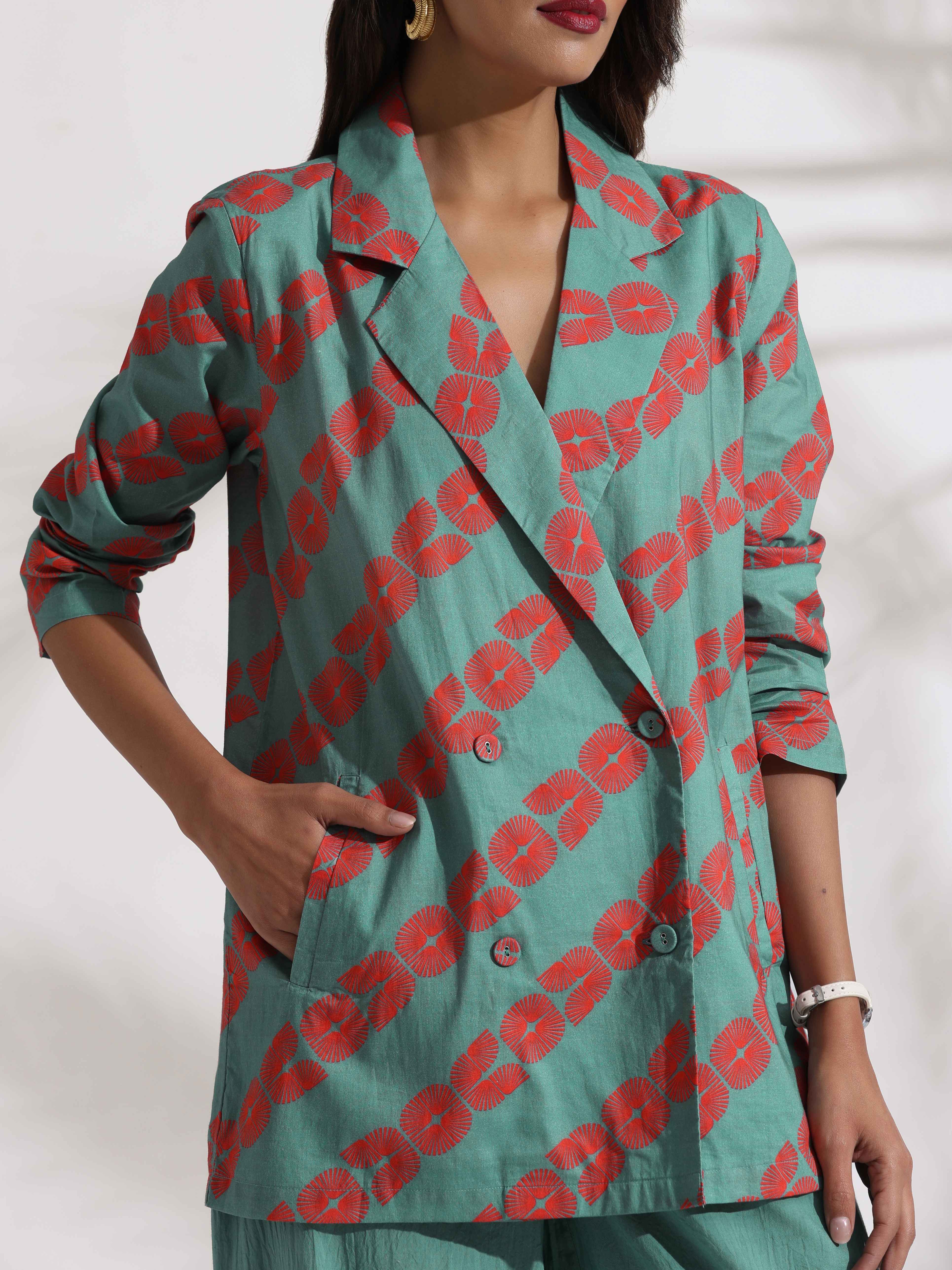 trueBrowns Green Cotton Print Jacket Top Co-ord Set