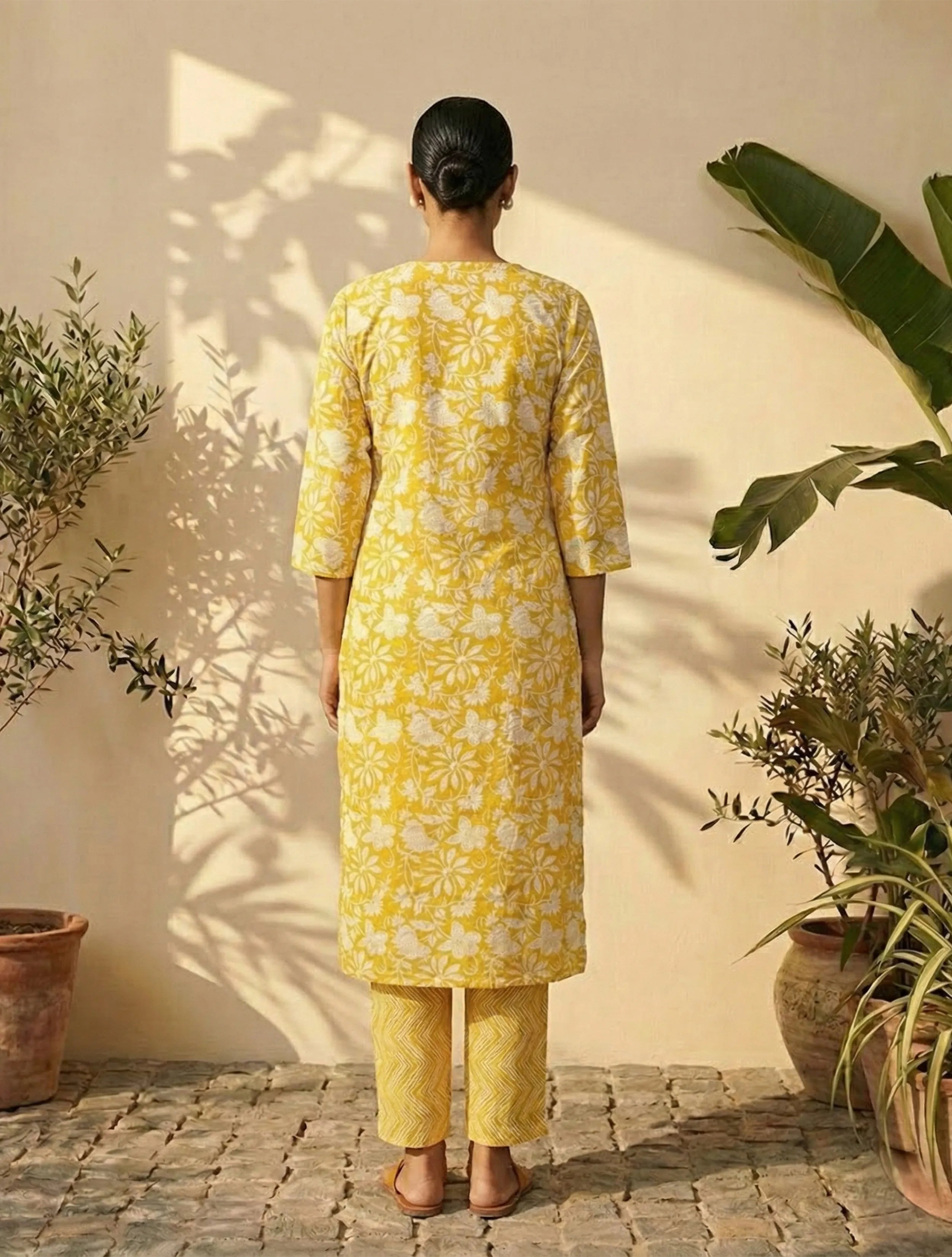 trueBrowns Yellow Floral Print Kurta Pant Dupatta Set