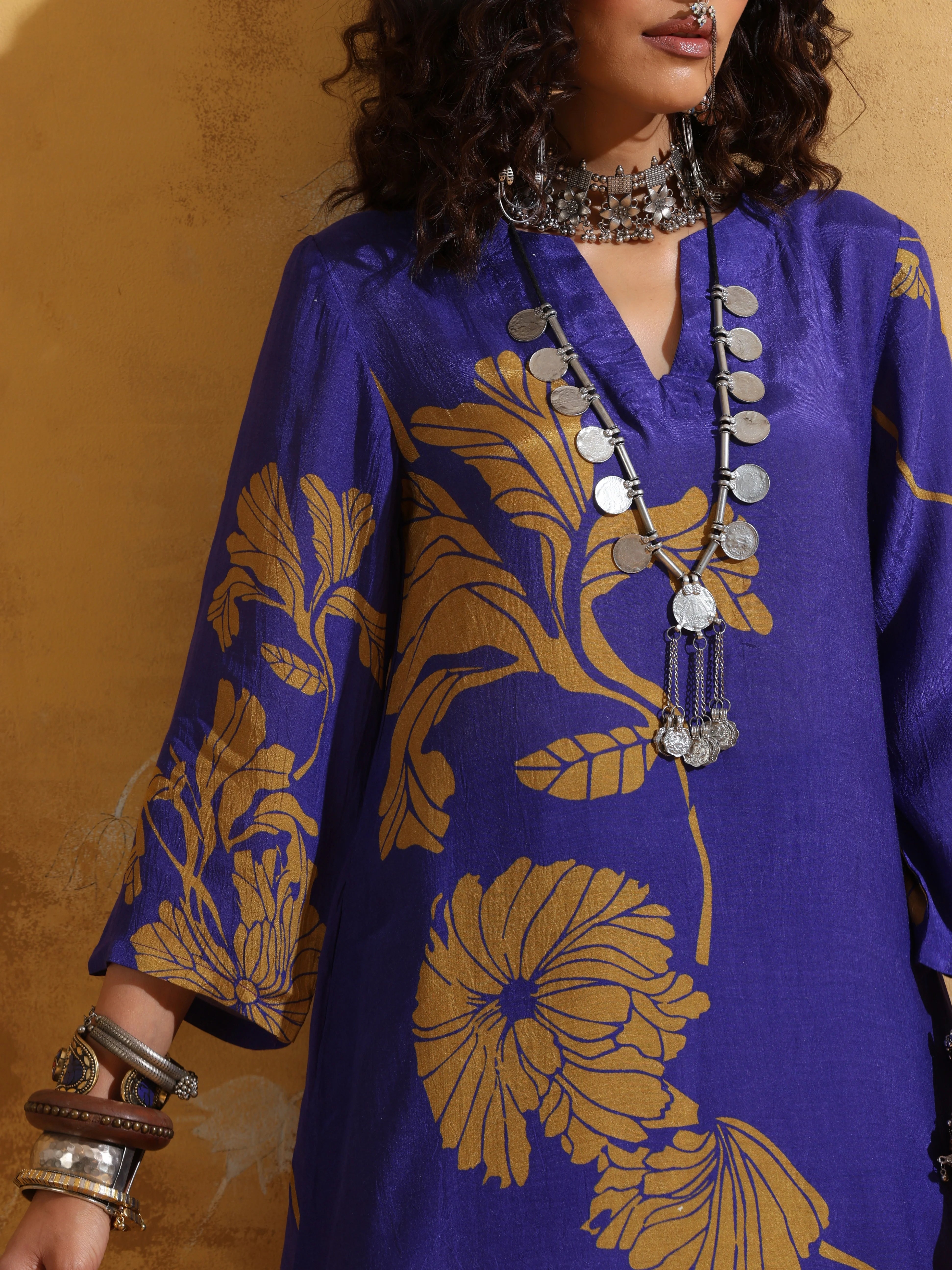 trueBrowns Purple Mustard Floral Print Muslin Silk A-line Kurta Co-ord Set