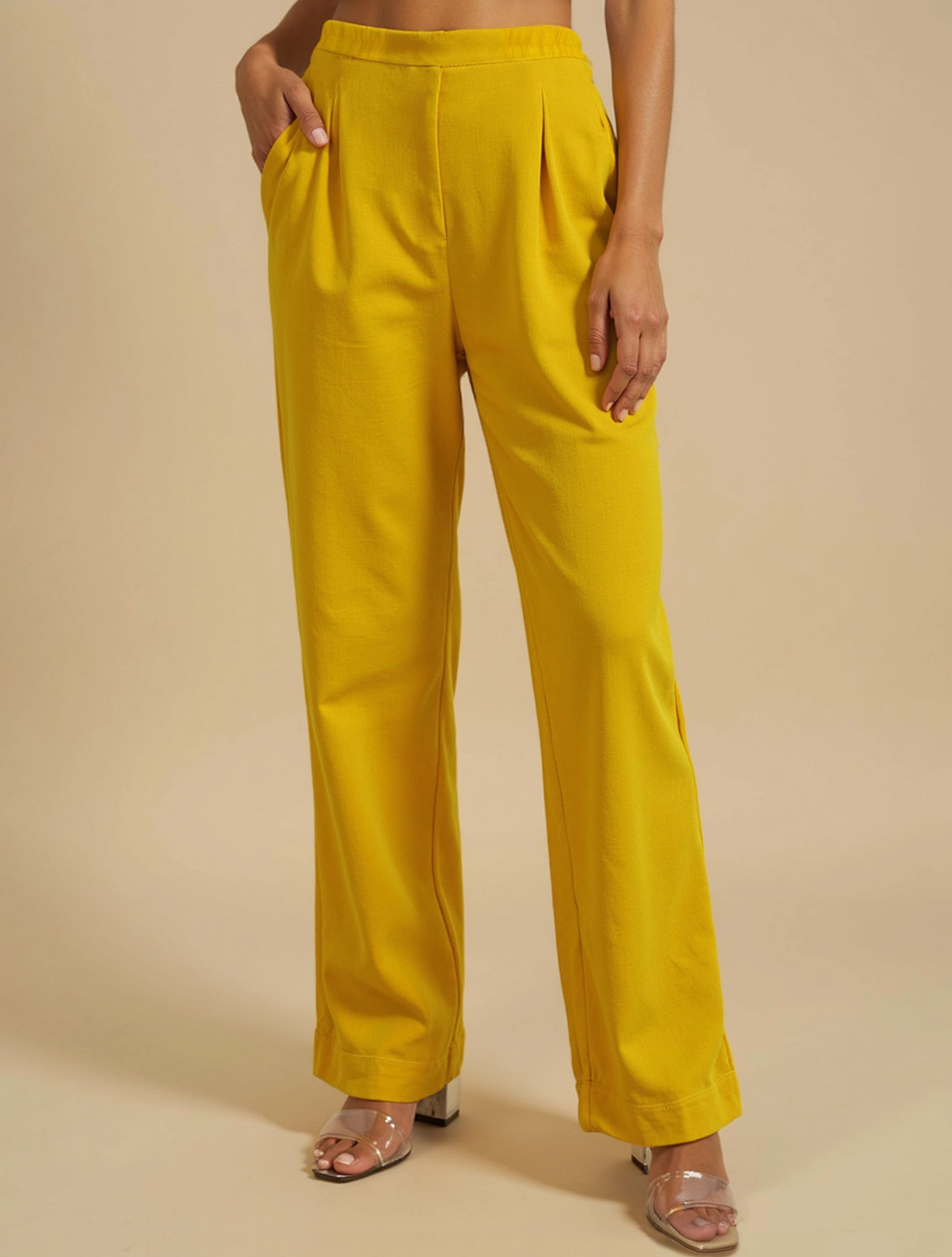 trueBrowns Yellow Embroidered Round Neck Straight Kurta 3pc Set