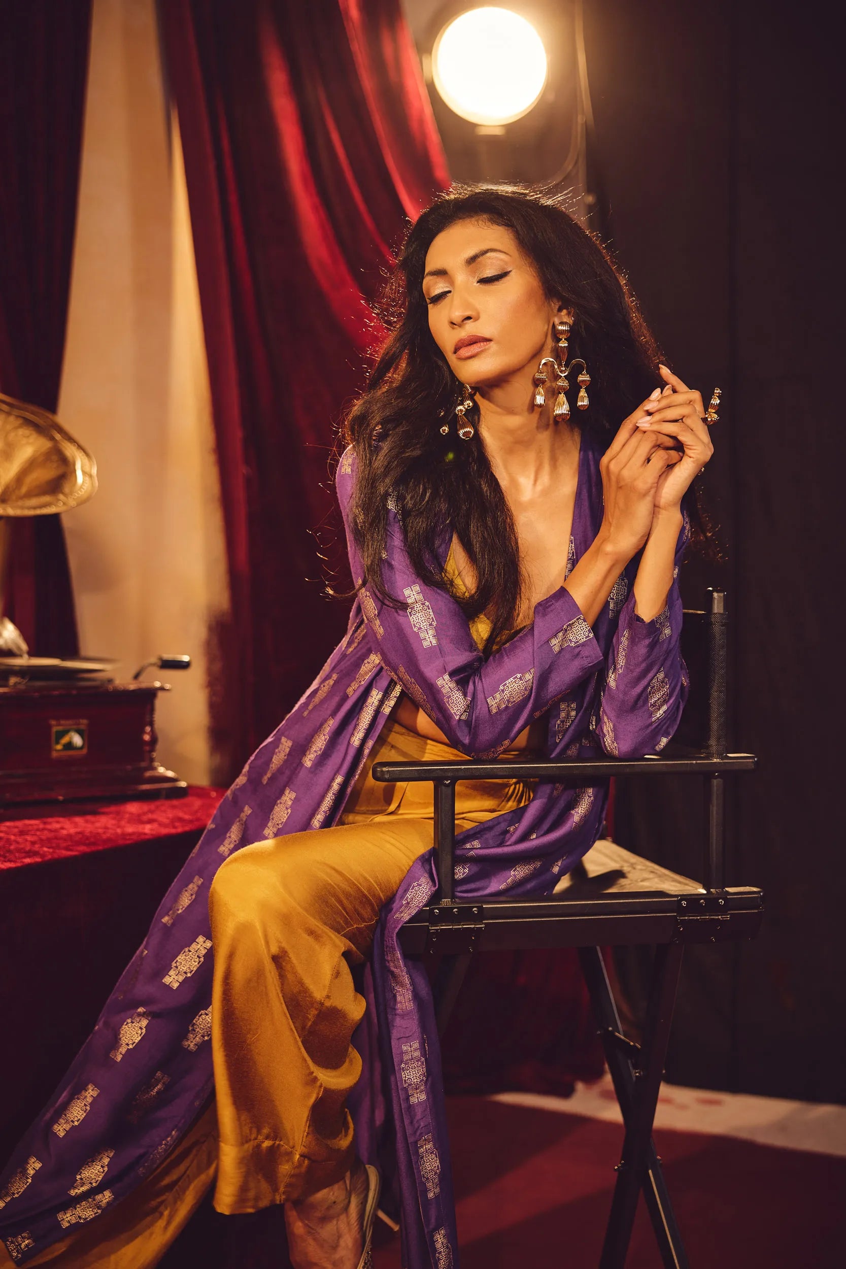 trueBrowns Mustard and Purple Gold Foil Print Muslin Silk Jacket Set