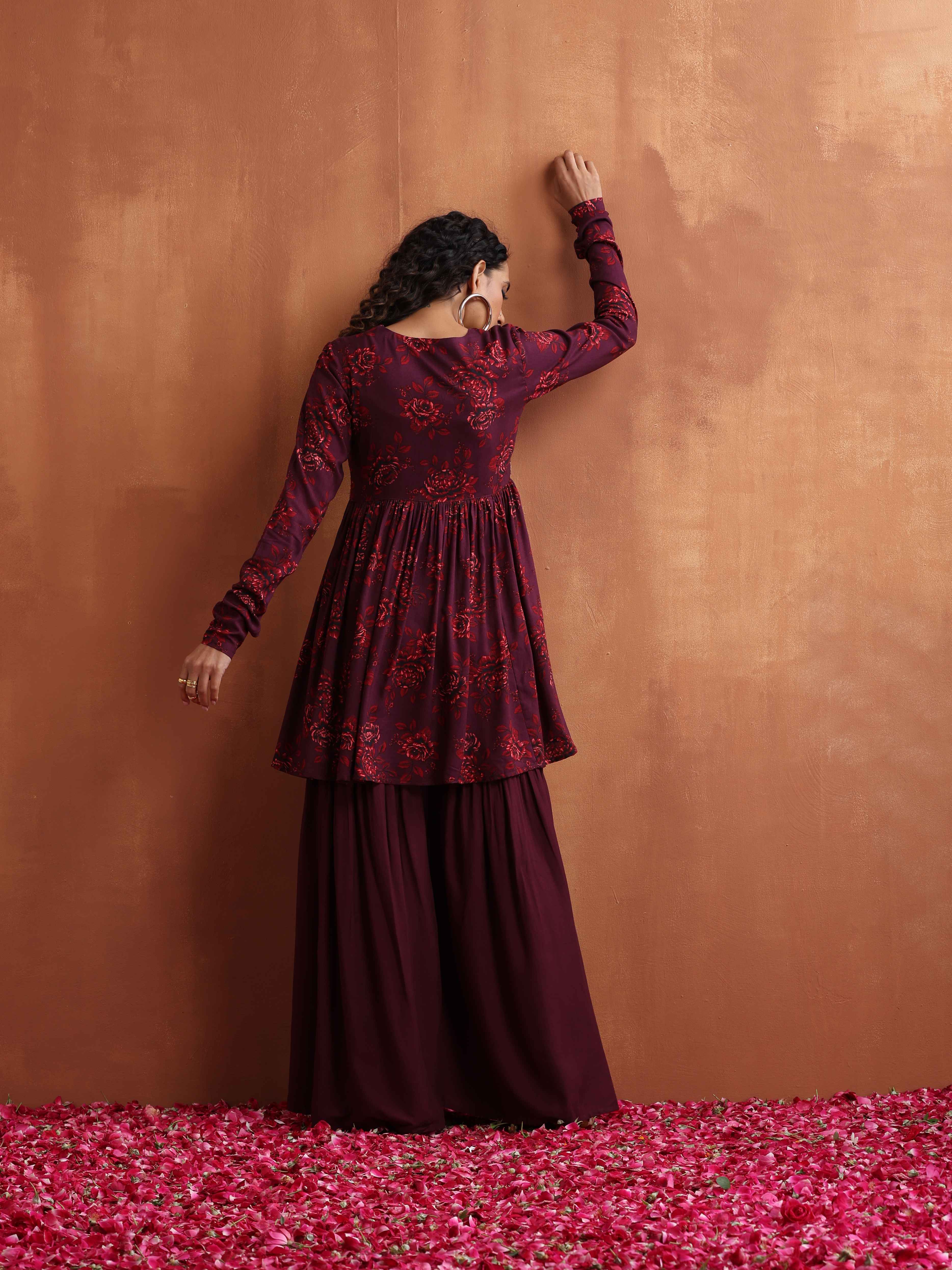 trueBrowns Purple Floral Print Sharara Set