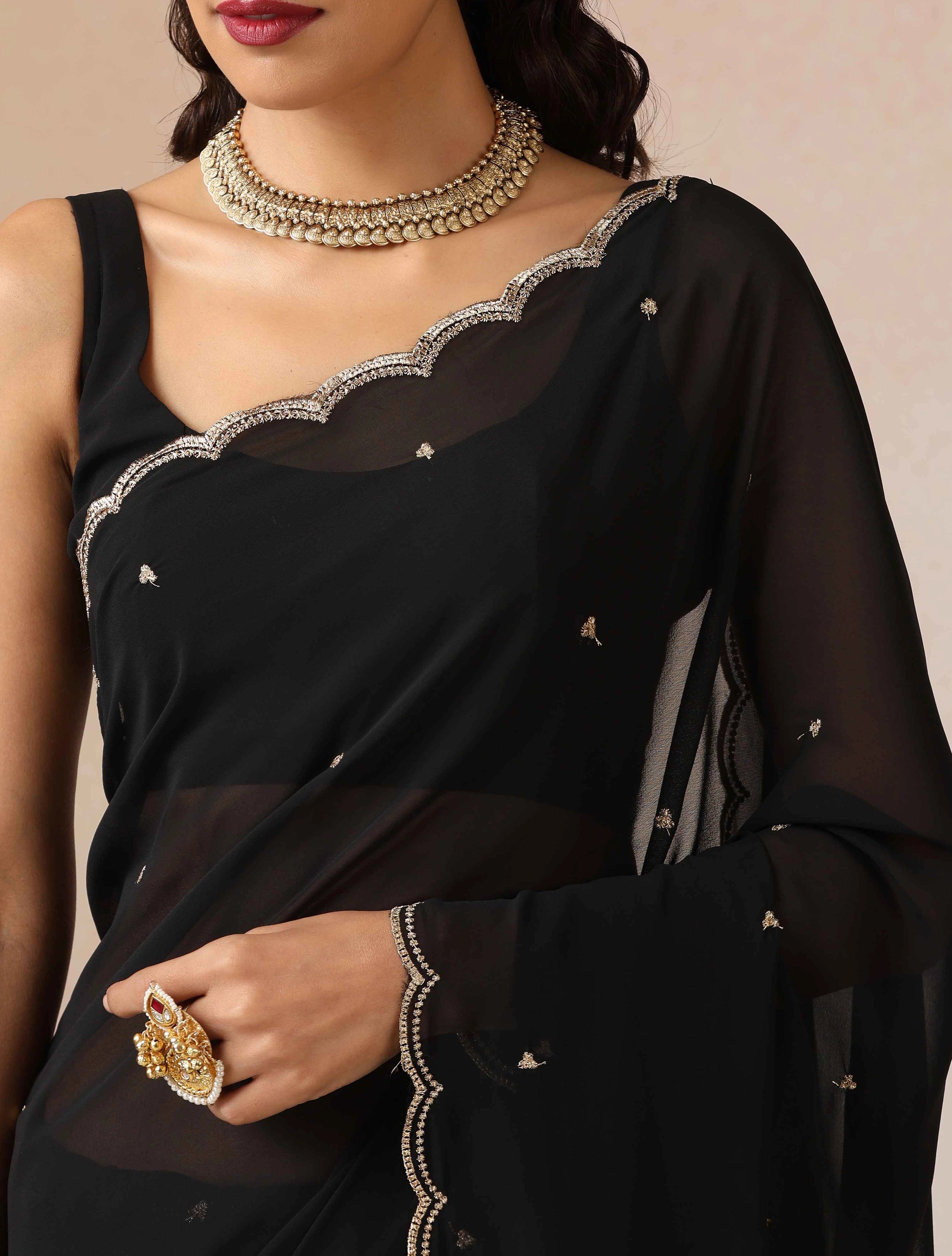 trueBrowns Black Georgette Embroidered Saree With unstitched Blouse