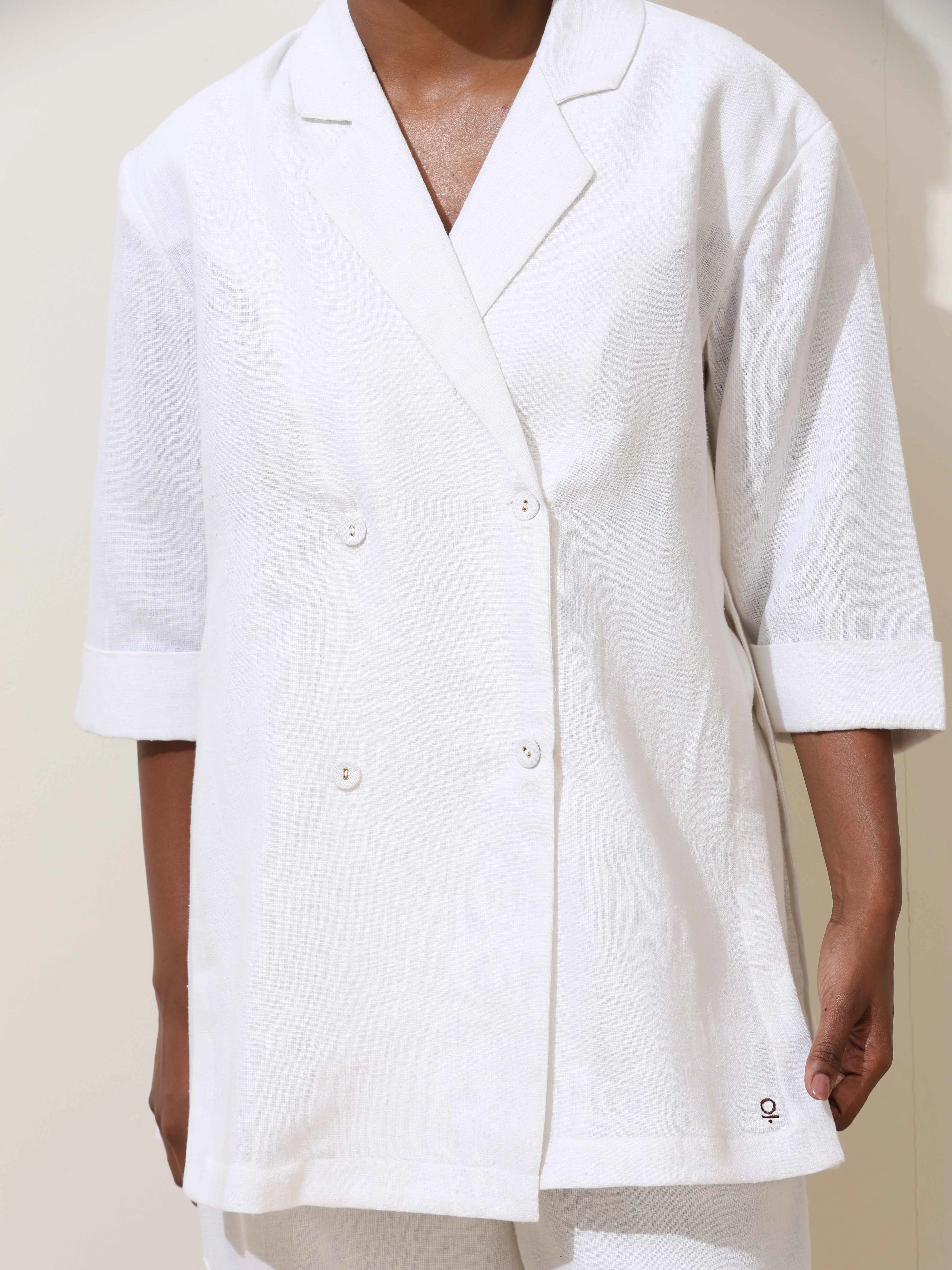 trueBrowns Indus White Crochet Natural Cotton Blazer Co-ord Set