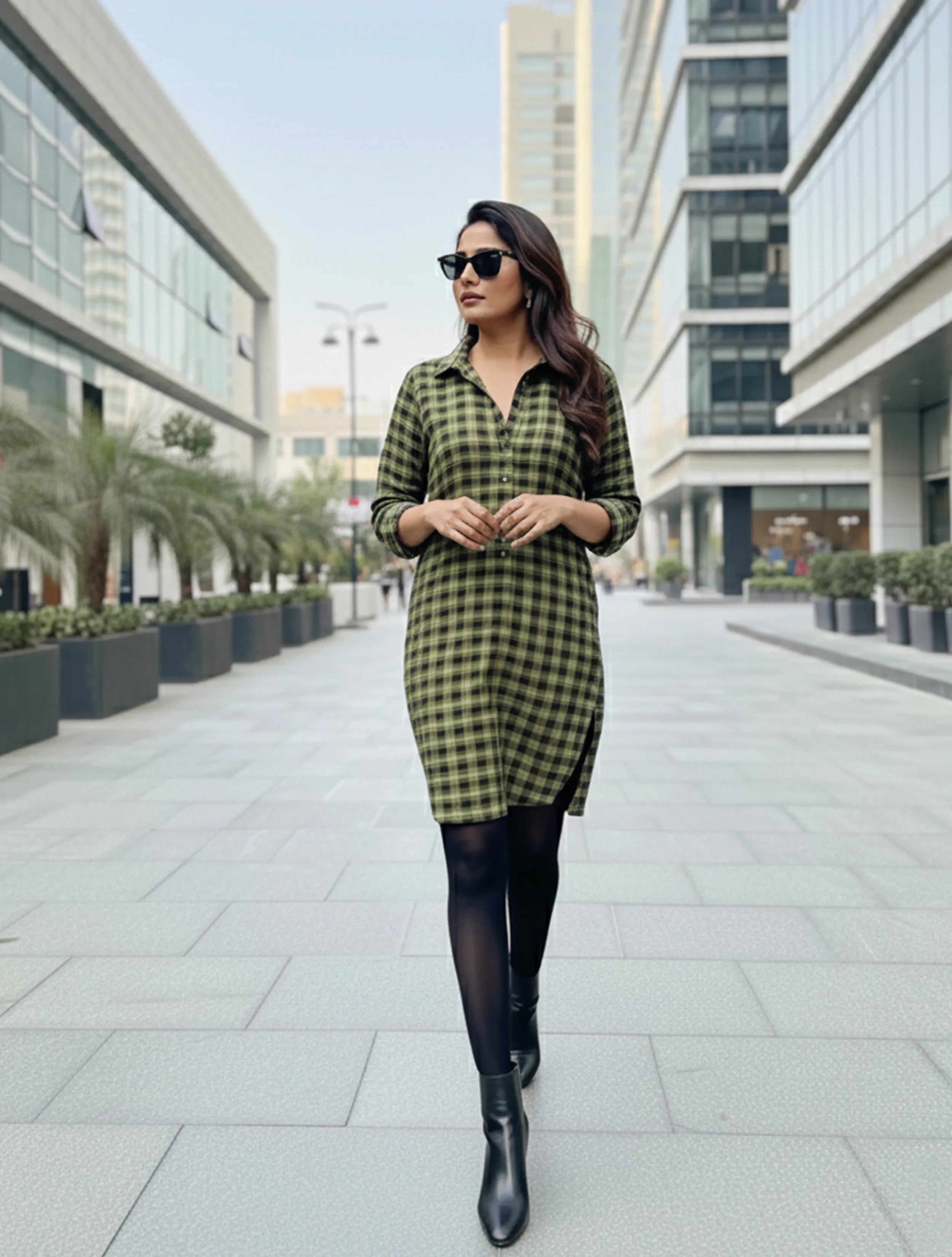 trueBrowns Green Black Check Woollen Top