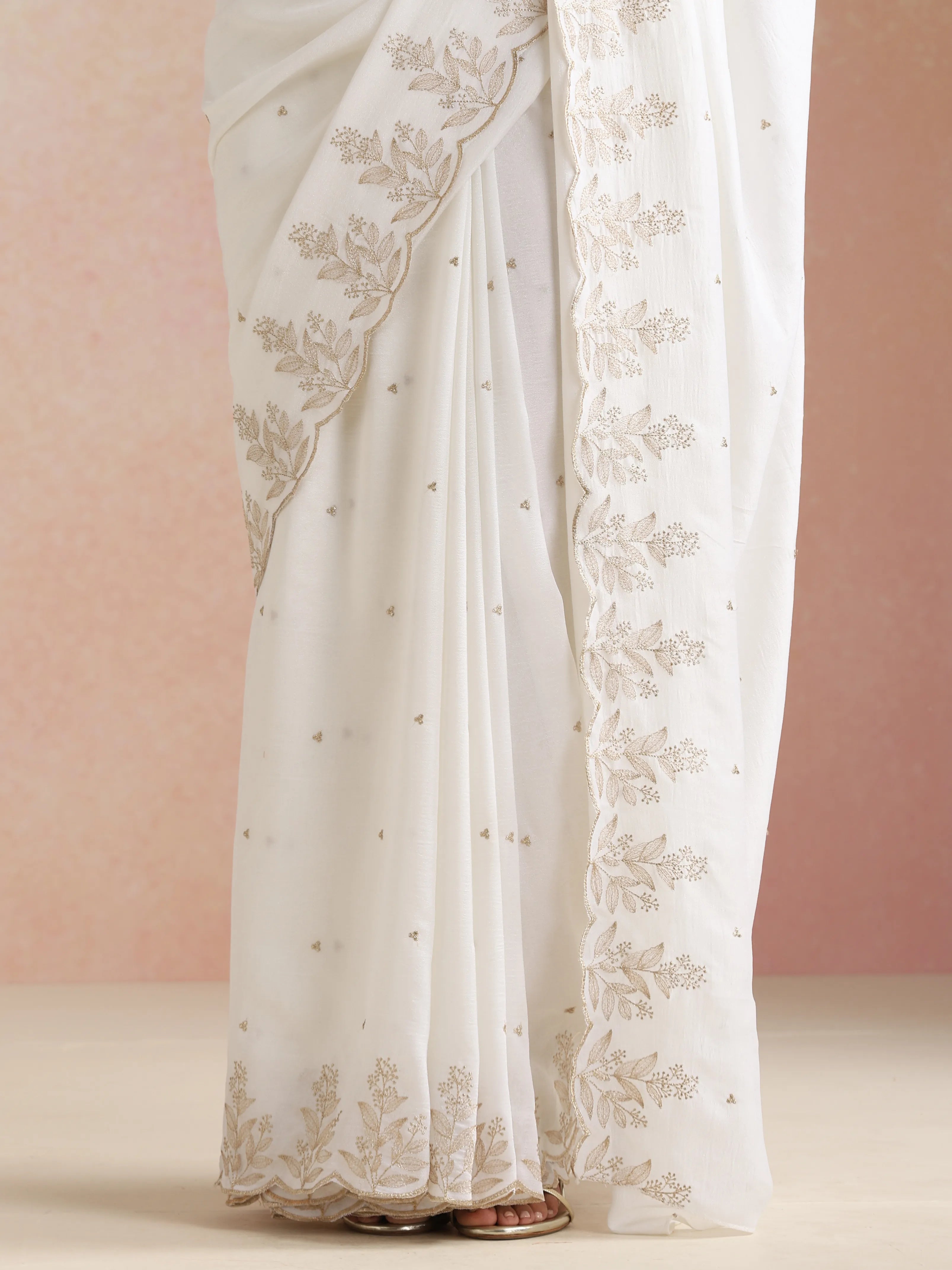 trueBrowns Ivory All Over Zari Embroidered Saree With Unstitched Blouse