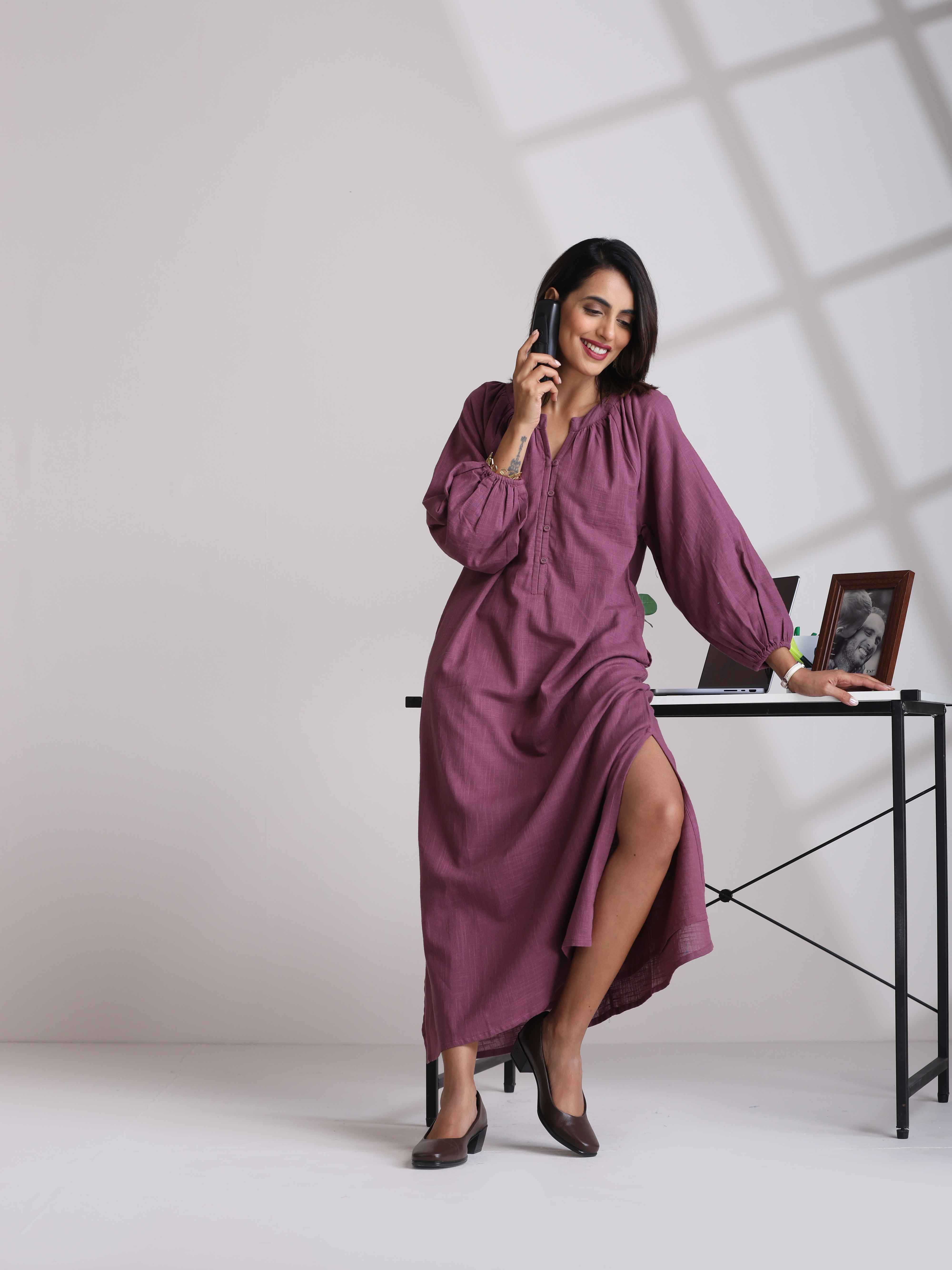 trueBrowns Light Purple Cotton Dobby Dress