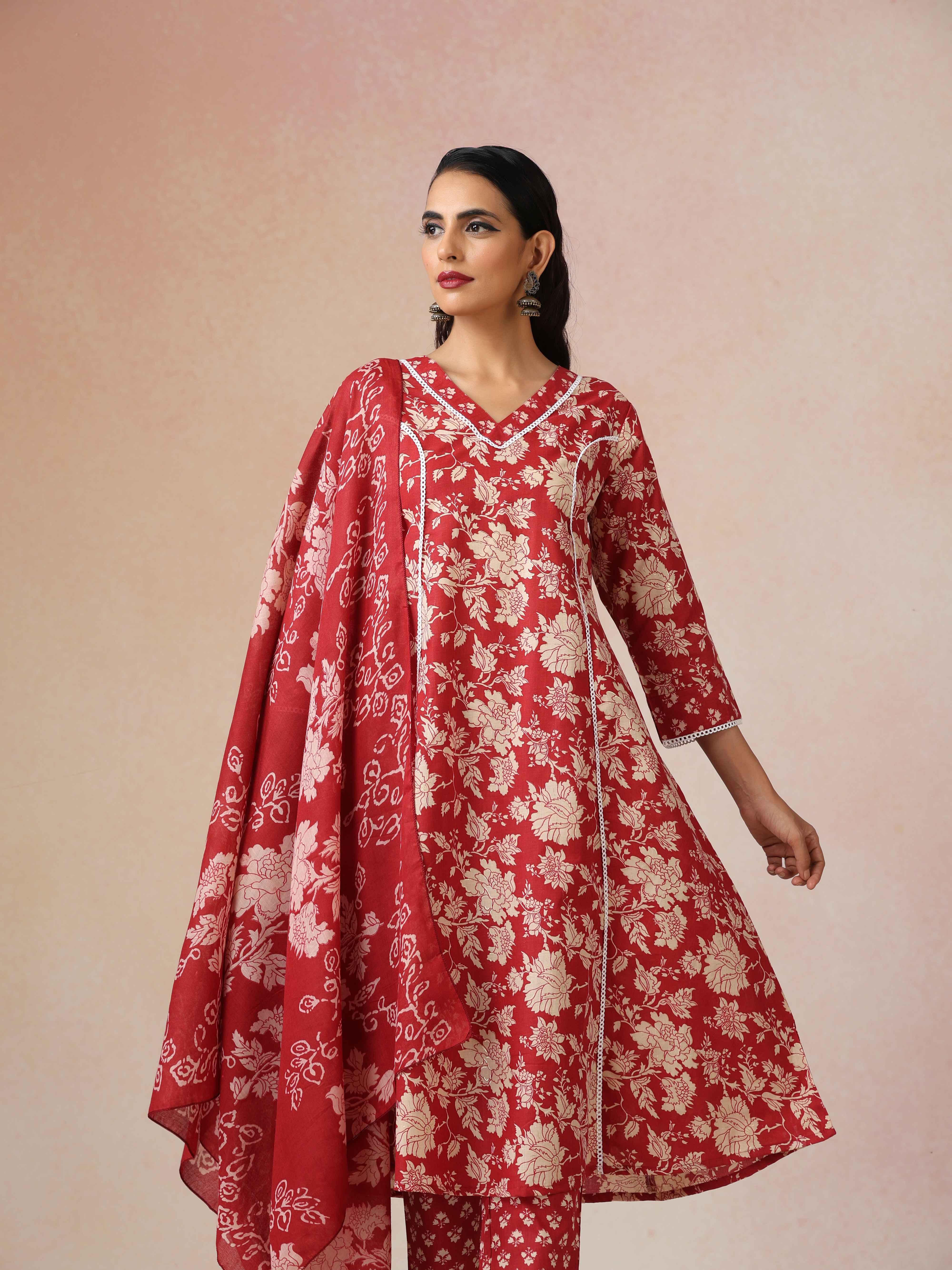 trueBrowns Red Cotton Print A Line Kurta 3pc Set