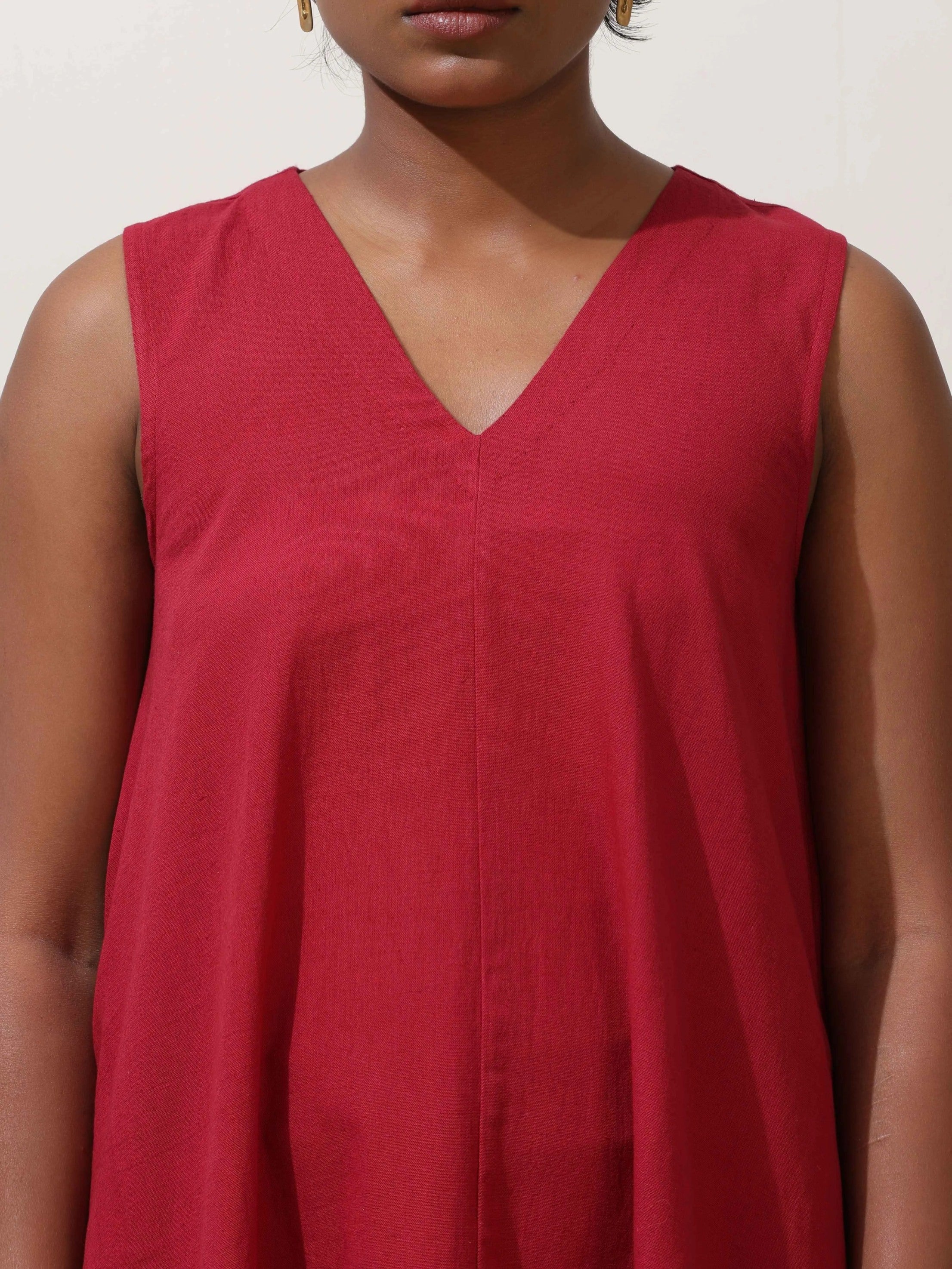 trueBrowns Maroon Cotton Linen Dress