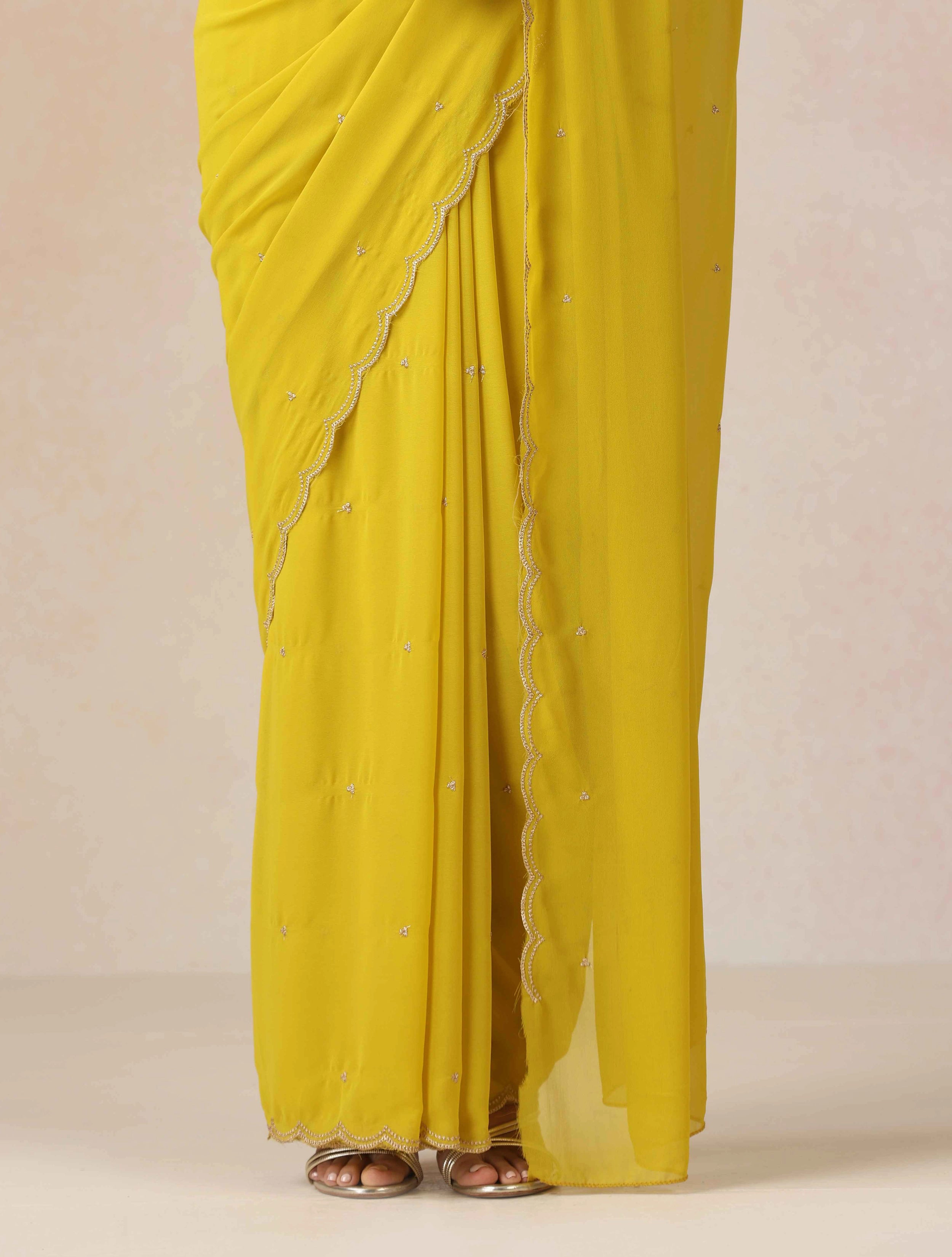 trueBrowns Lime Georgette Embroidered Saree With unstitched Blouse