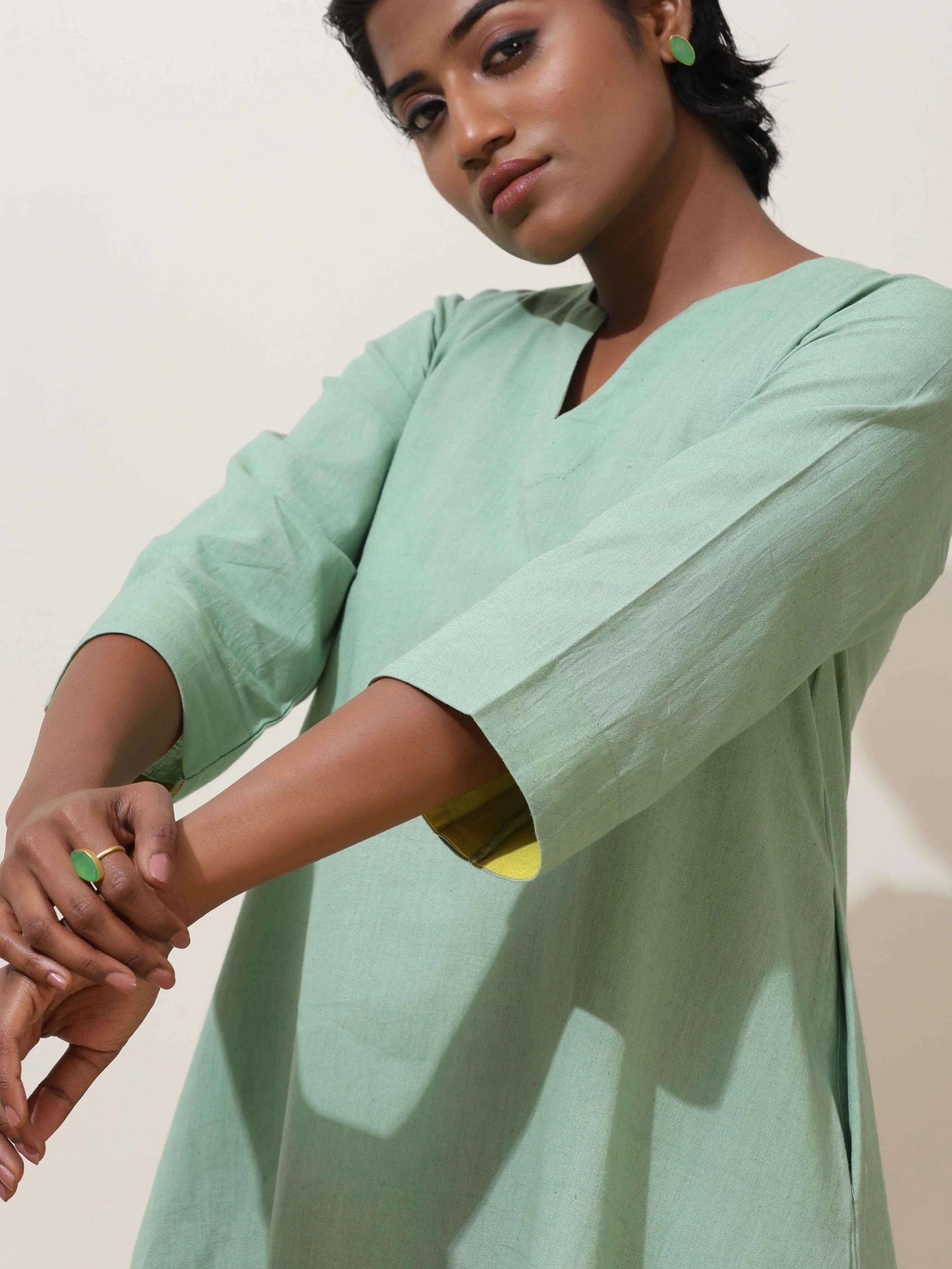 trueBrowns Mint Green Cotton Linen Kurta Co-Ord Set