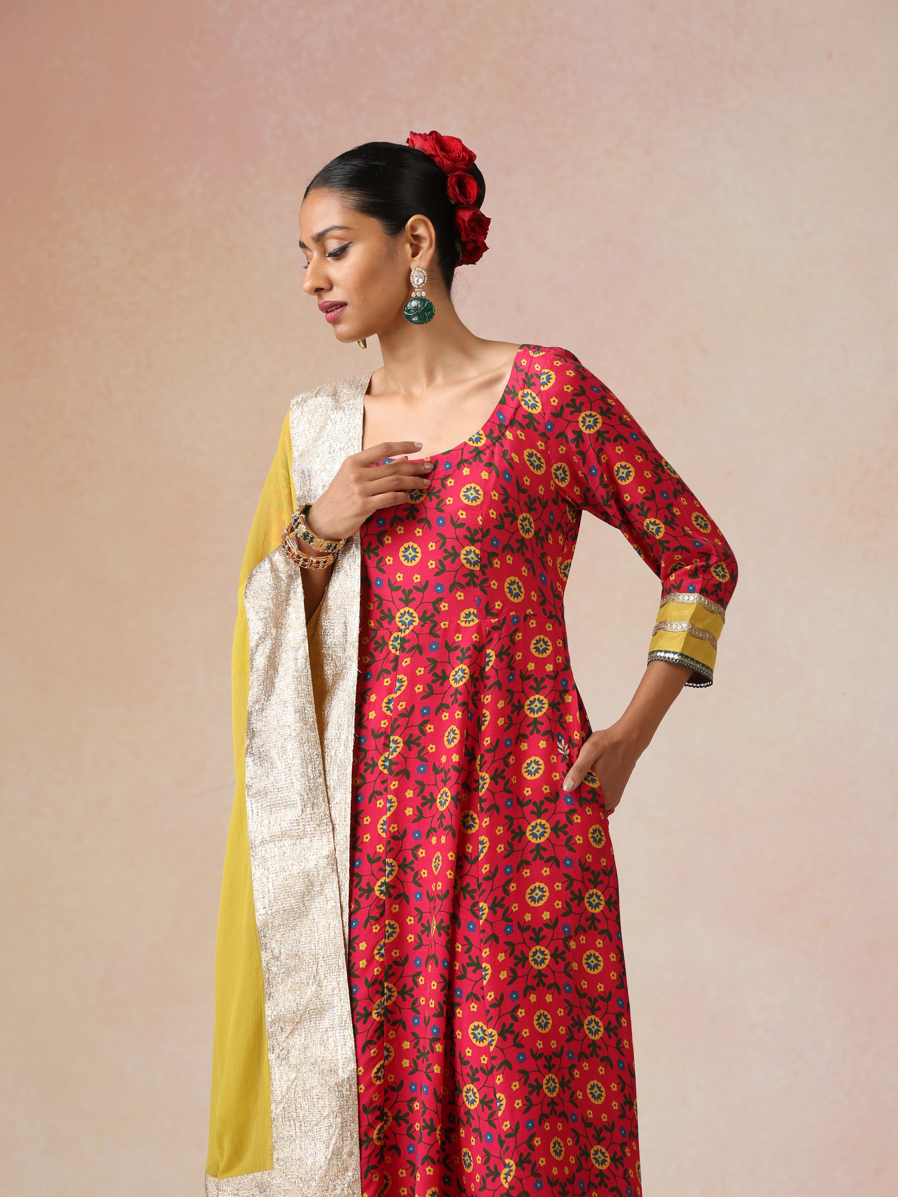 trueBrowns Pink Green Floral Print Viscose Anarkali Kurta Pants Dupatta Set